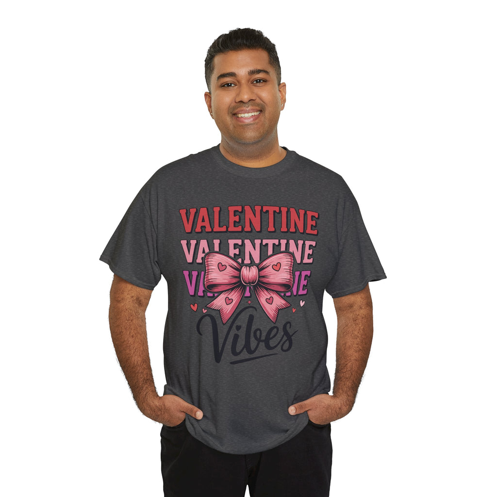 Valentine Vibes T-Shirt — Pink Bow Heart Graphic Unisex Cotton Tee