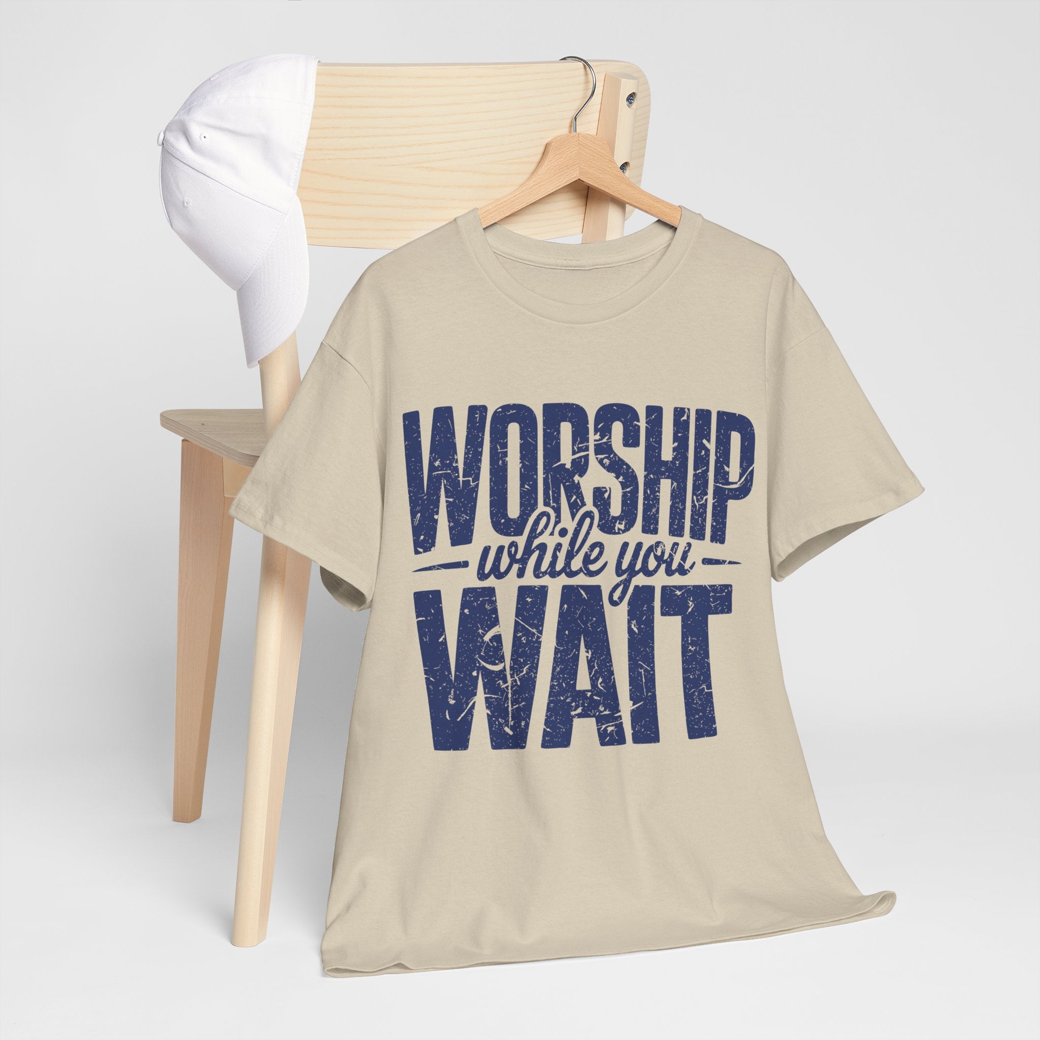 Worship While You Wait T‑Shirt — Distressed Pastel Blue Faith Unisex Cotton Tee