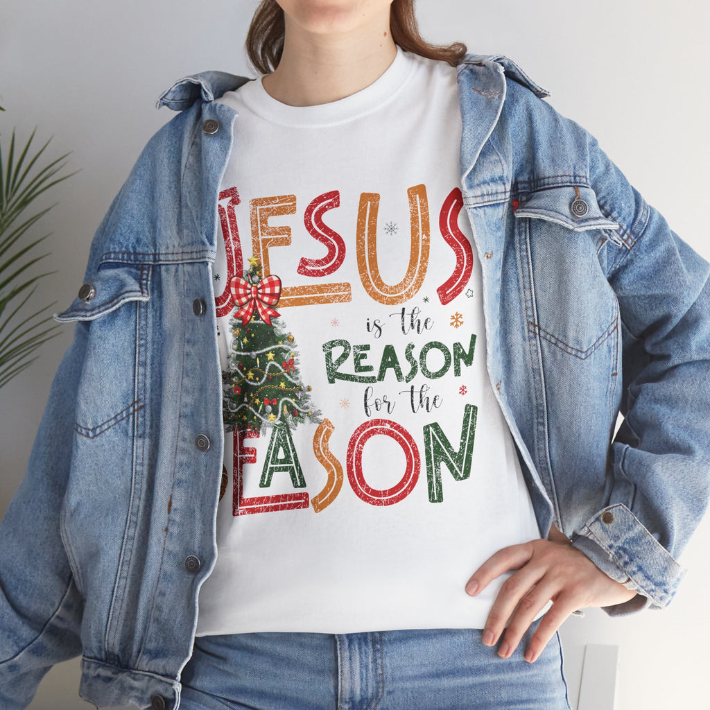 Jesus Is the Reason for the Season Christmas T-Shirt — Plaid Bow Tree..Unisex Cotton Tee