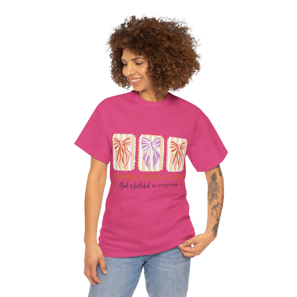 Thankful Grateful Blessed Fall Tee — God Is Faithful Pastel Bows..Unisex Cotton Tee