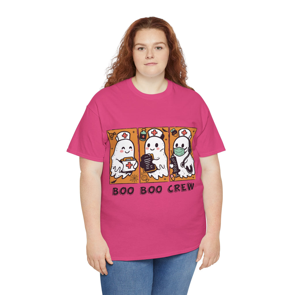 Halloween Nurse T-Shirt — Ghost Nurses Holding Medical Tools on Orange Unisec Cotton Tee