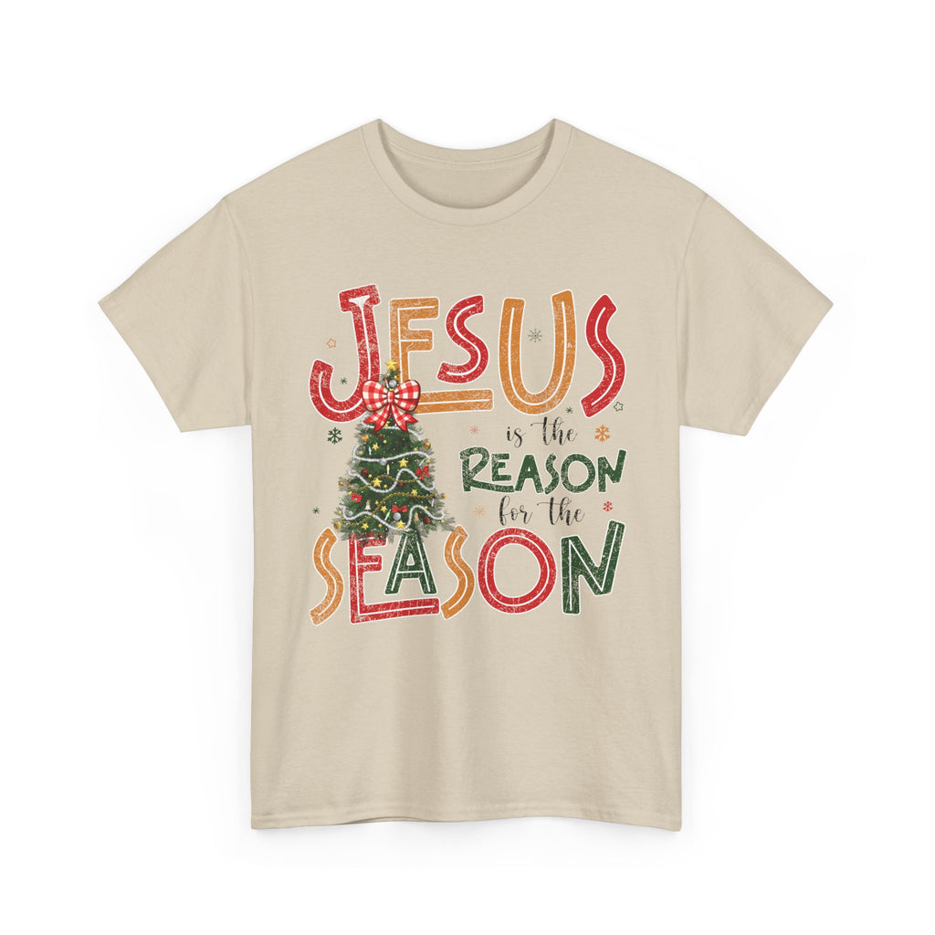 Jesus Is the Reason for the Season Christmas T-Shirt — Plaid Bow Tree..Unisex Cotton Tee