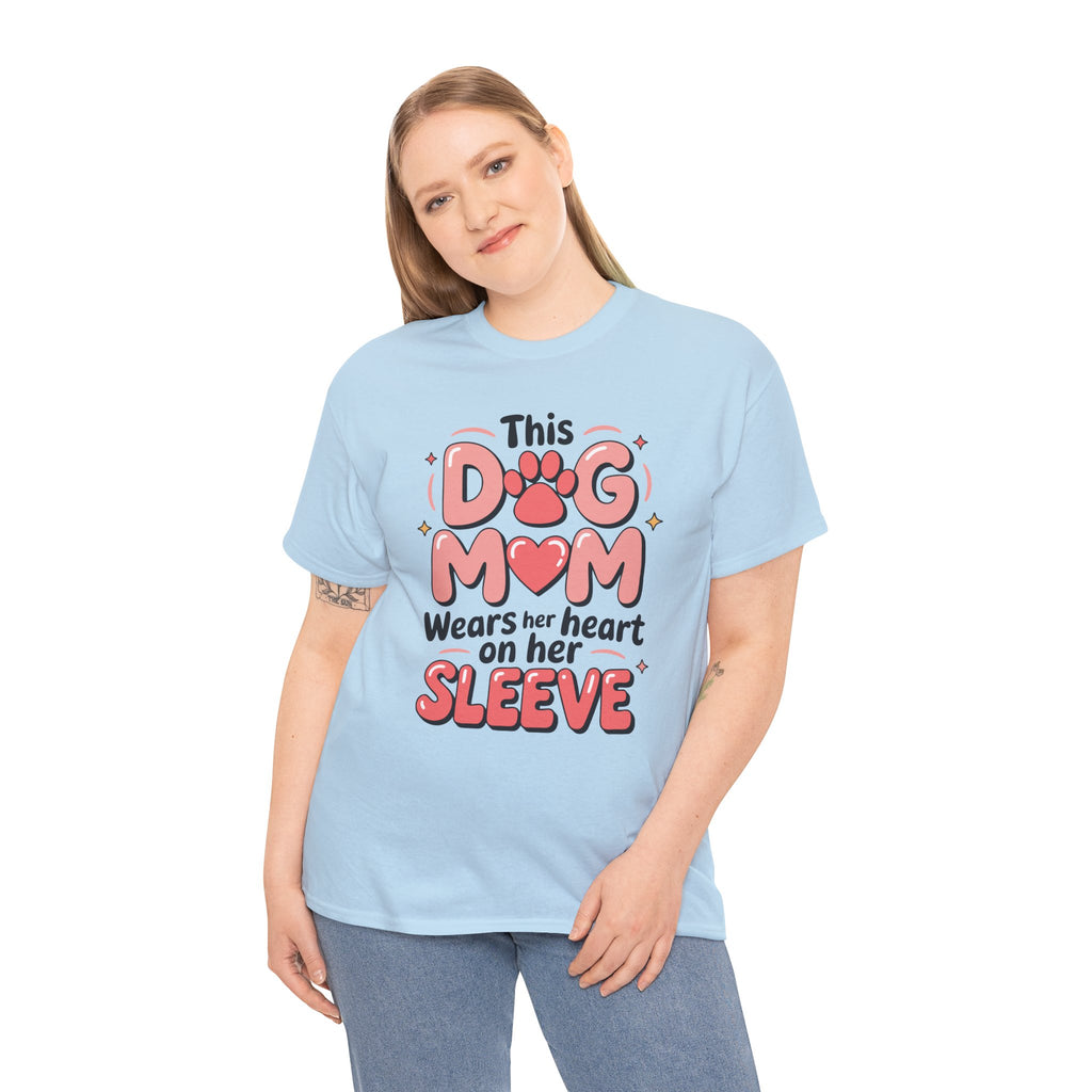 Dog Mom T-Shirt — "This Dog Mom Wears Her Heart on Her Sleeve" Paw & Heart Unisex Cotton Tee