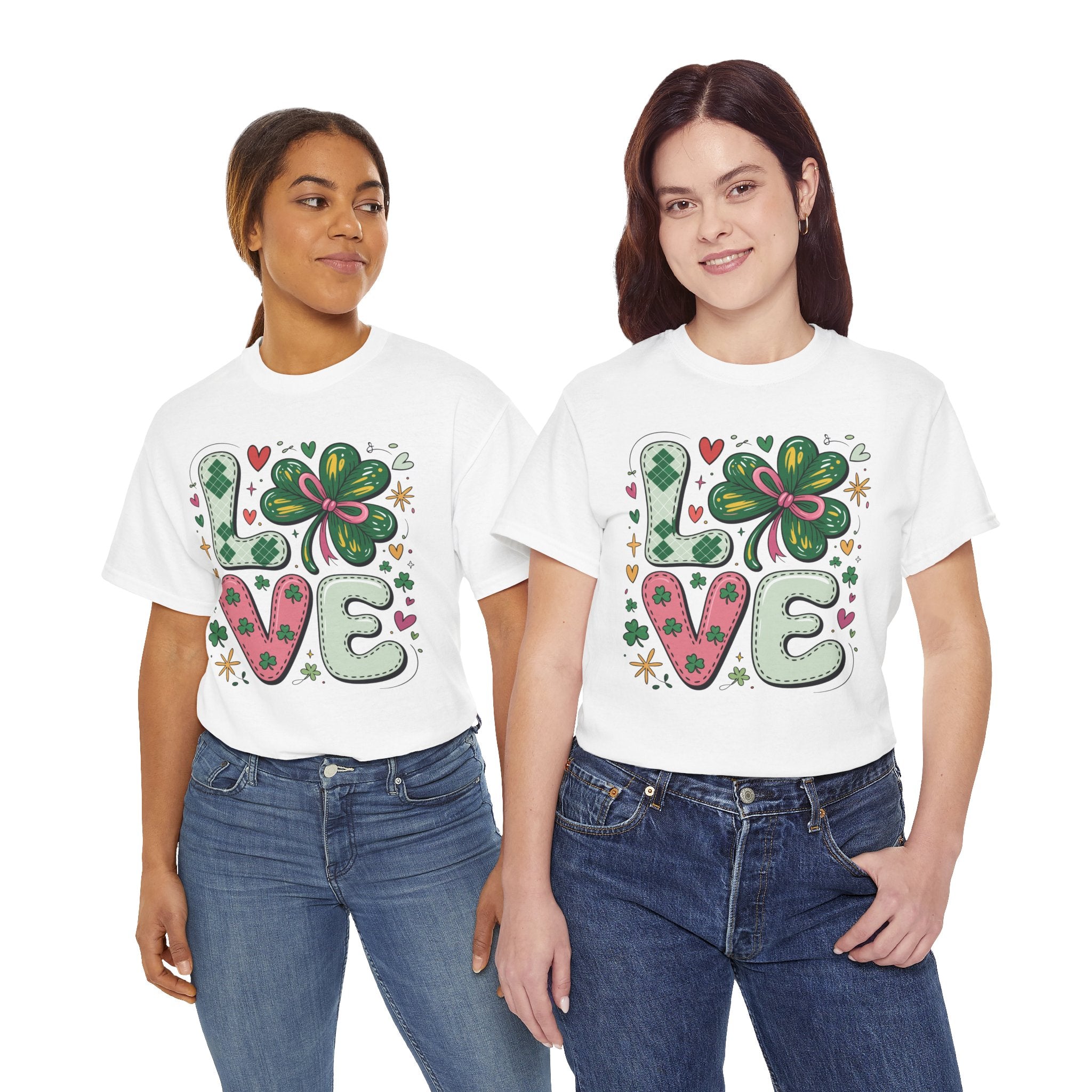 Stitched Clover 'LOVE' Tee — Heart & Patchwork St. Patrick's Unisex Cotton T-Shirt