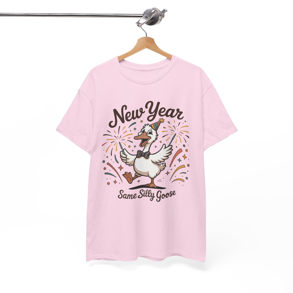 Happy Goose New Year T-Shirt — Party Hat, Fireworks & Confetti Unisex Cotton Tee