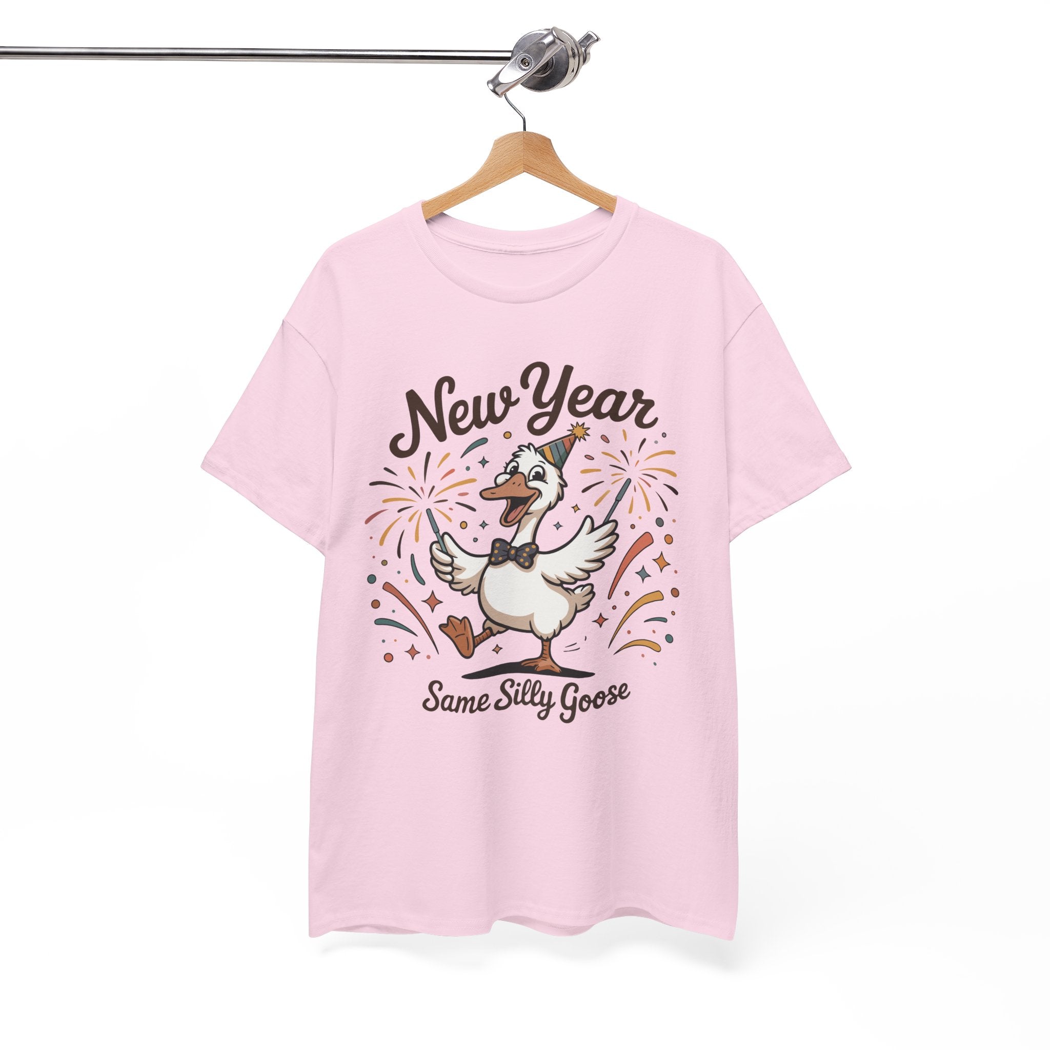 Happy Goose New Year T-Shirt — Party Hat, Fireworks & Confetti Unisex Cotton Tee