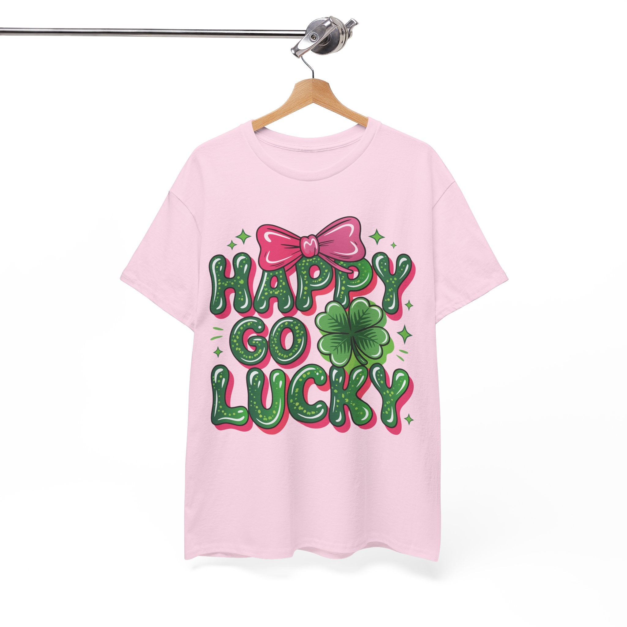 Happy Go Lucky Four-Leaf Clover Tee — Glossy Green Letters & Pink Bow Unisex Cotton Tee