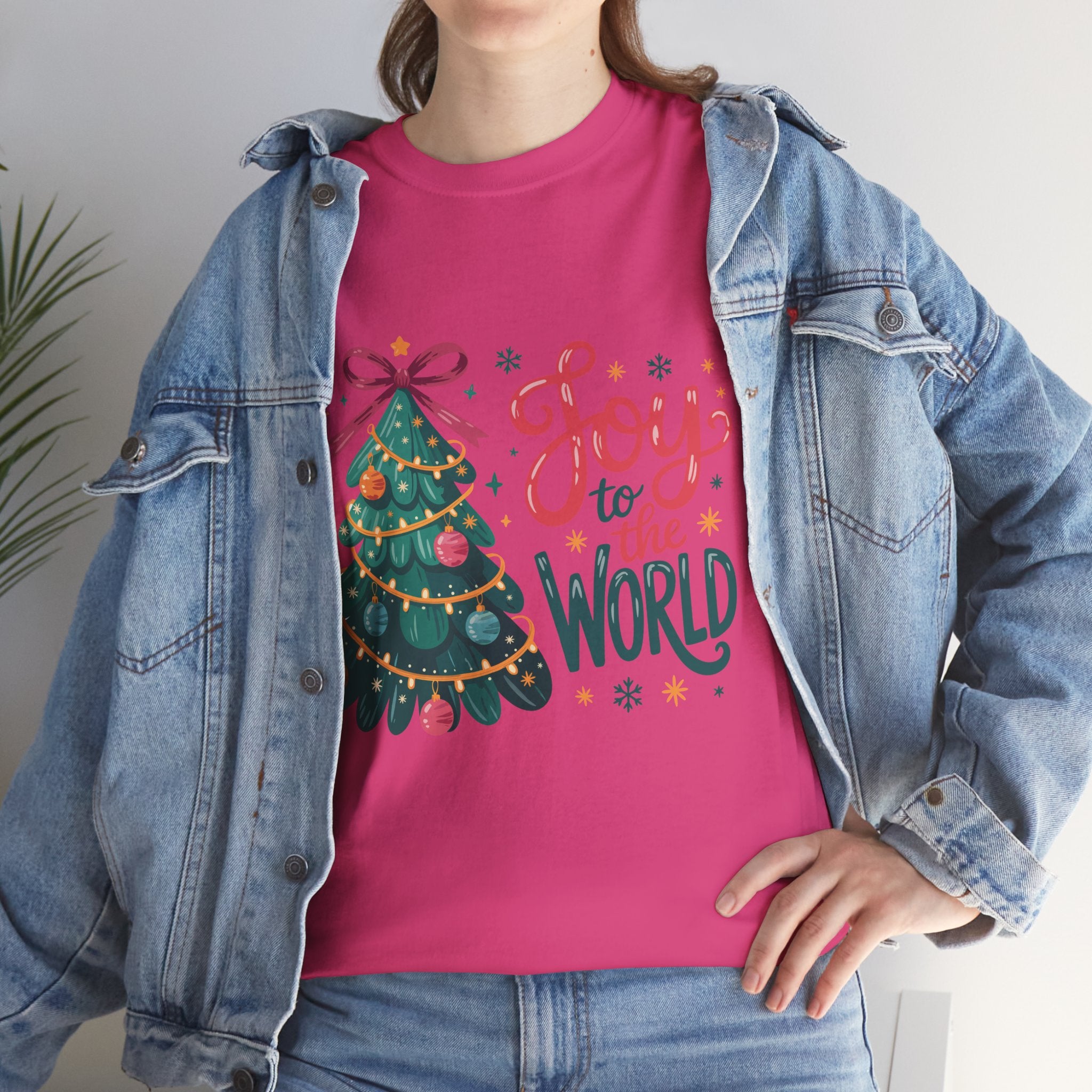 Joy to the World Christmas Tee — Festive Tree with Pink Bow..Unisex Cotton Tee