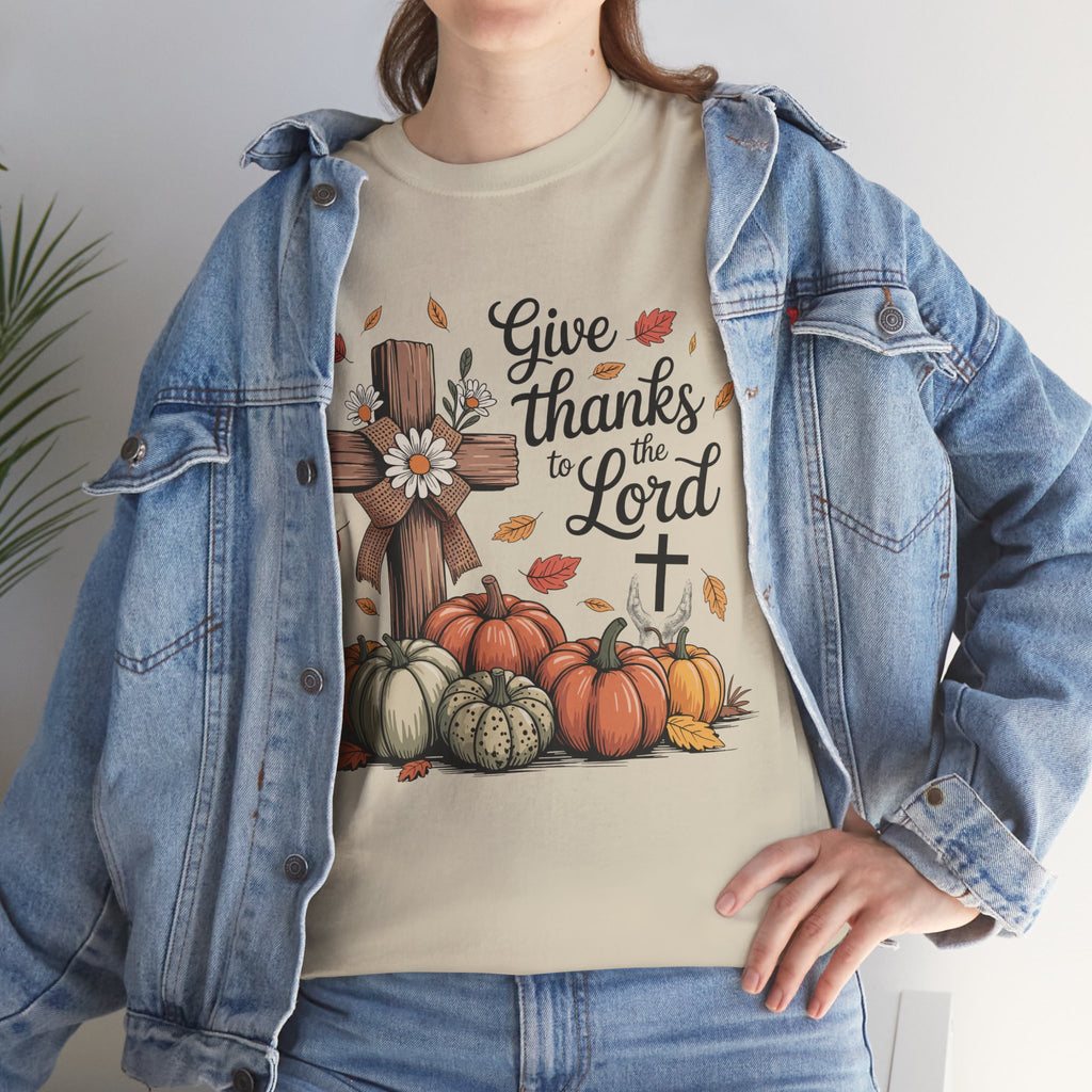 Give Thanks to the Lord Autumn Tee — Wooden Cross, Pumpkins & Daisies..Unisex Cotton Tee