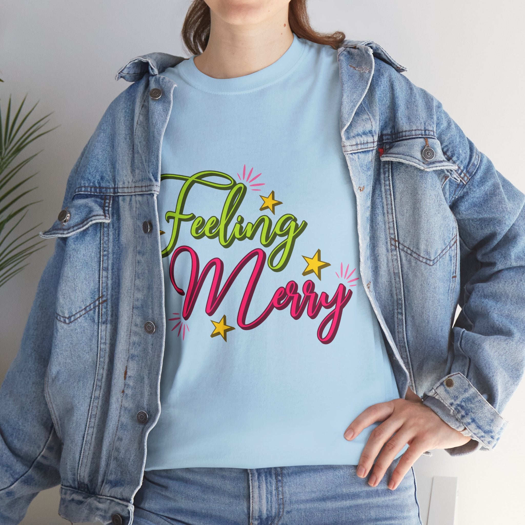 Feeling Merry T-Shirt — Bright Green & Pink Holiday Tee with Stars.Unisex Cotton Tee