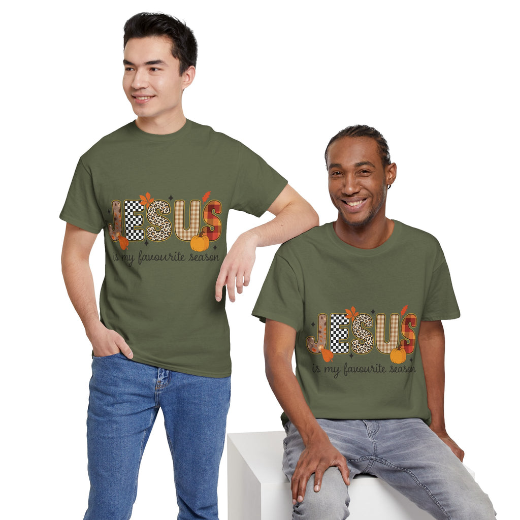 Jesus Is My Favorite Season Tee — Autumn Plaid & Leopard Lettering Unisex Cotton Tee