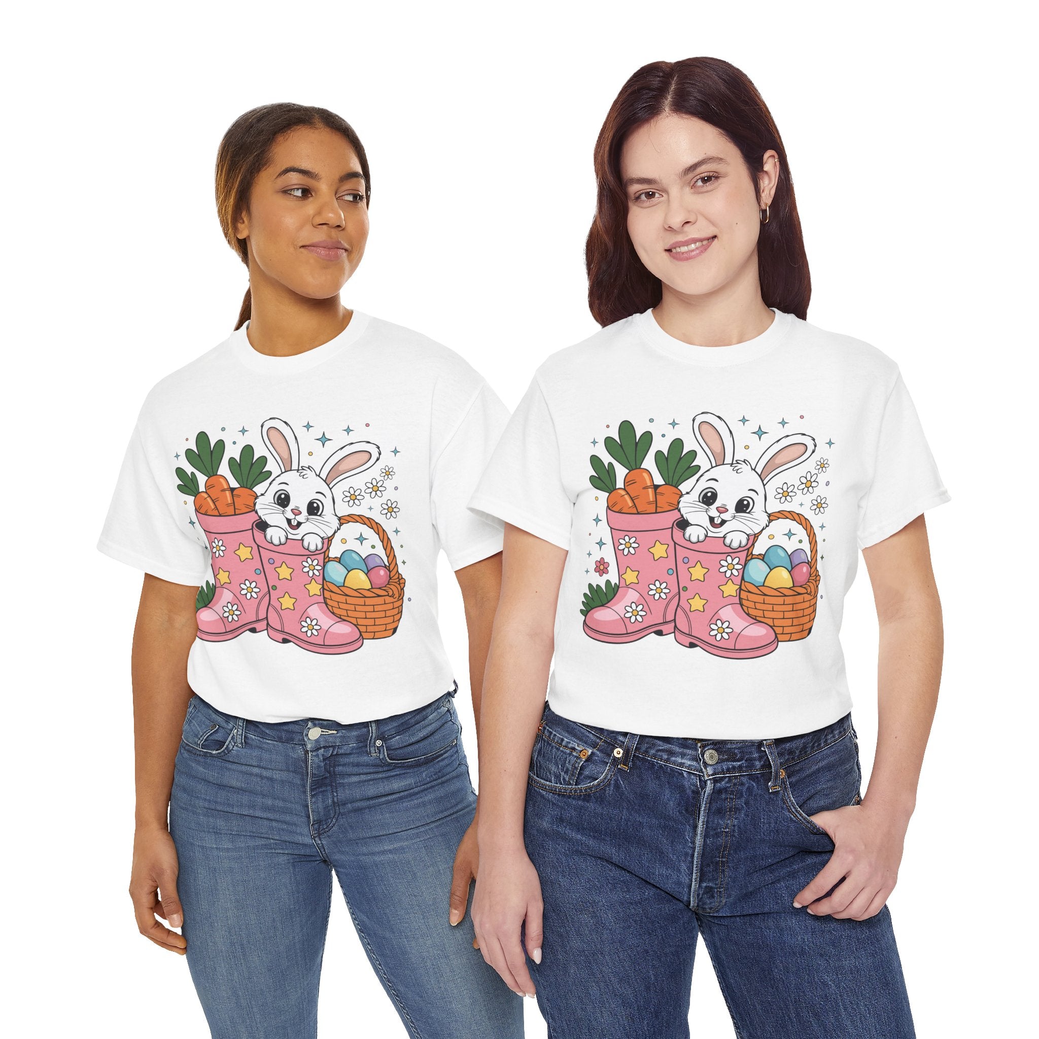 Easter Bunny in Pink Rain Boots T-Shirt — Cartoon Bunny, Carrots & Colorful Eggs Unisex Cotton Tee
