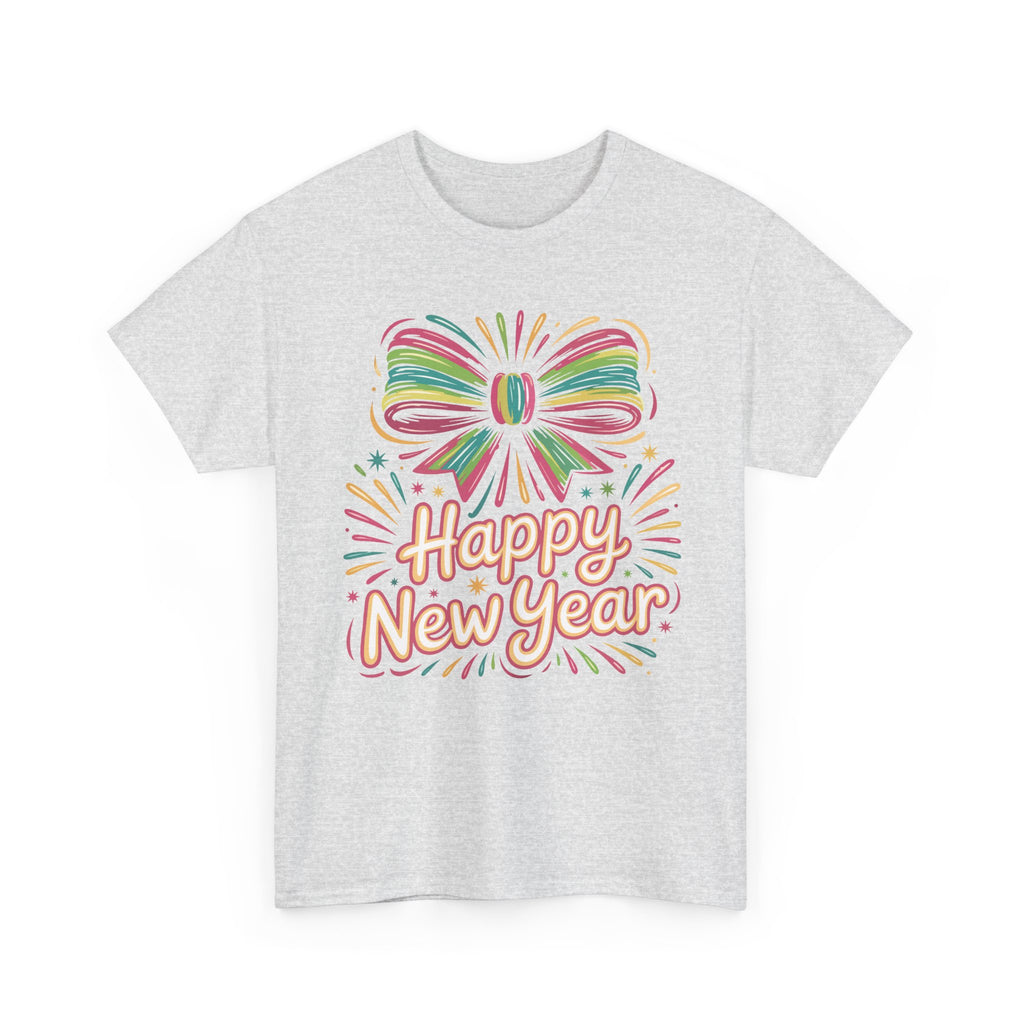 Happy New Year Pastel Tee — Rainbow Bow & Fireworks Celebration Unisex Cotton Tshirt