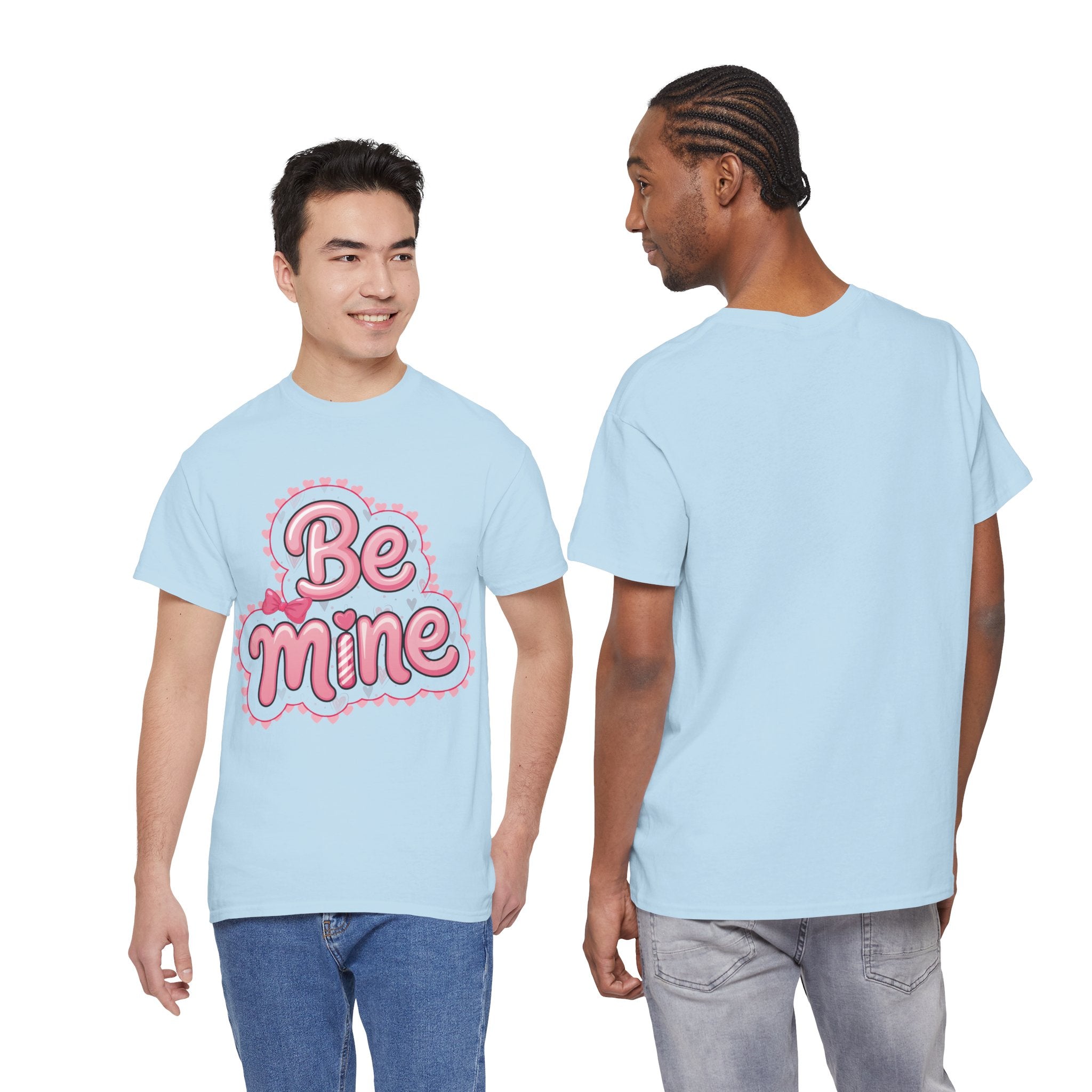 Be Mine Valentine T-Shirt — Pink Bubble Letters with Hearts & Bow..Unisex Cotton Tee