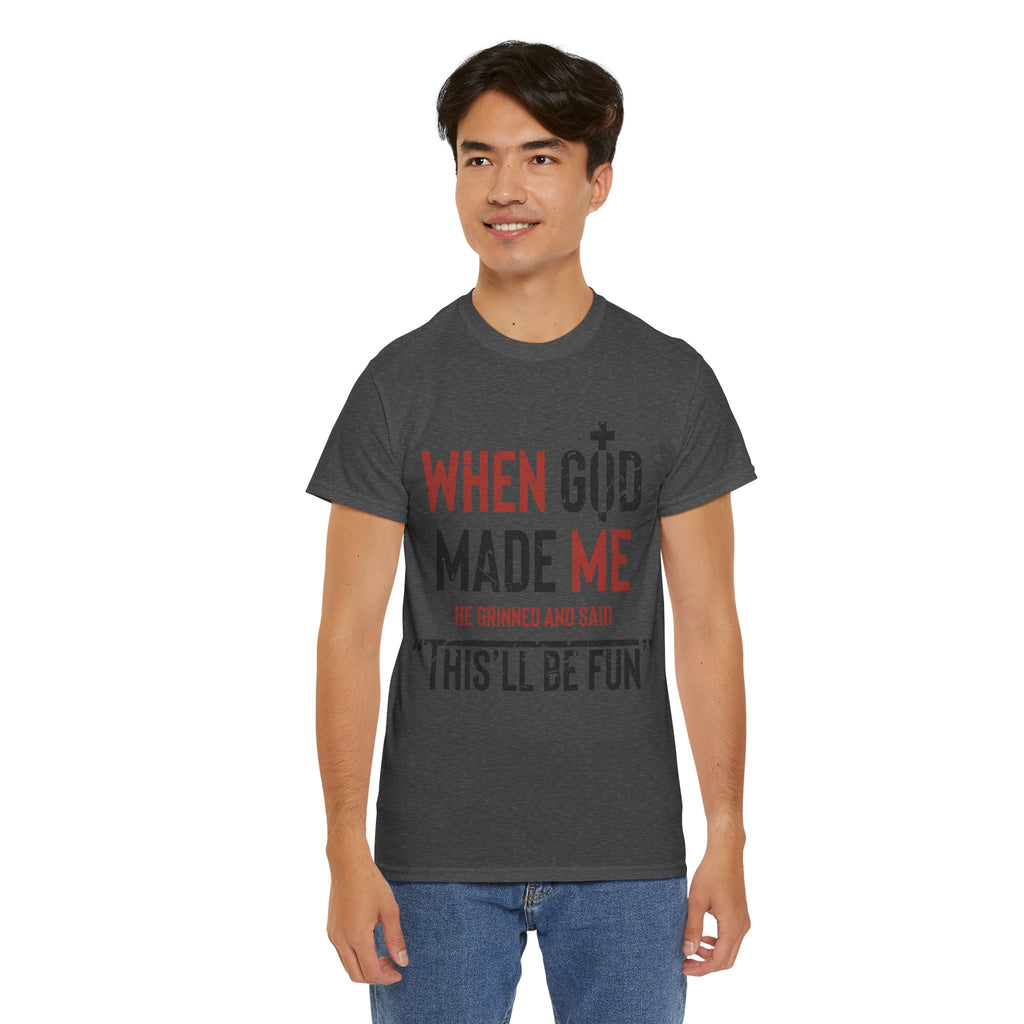 Humorous Grunge Quote Tee — "When He Saw Me, He Grinned and Said"Unisec Cotton Tee