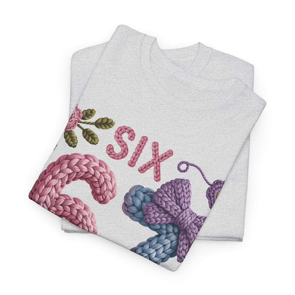 Pastel Crochet Numbers 6 & 7 Tee — Faux-Yarn Bows & Flowers. Unisex Cotton Tee