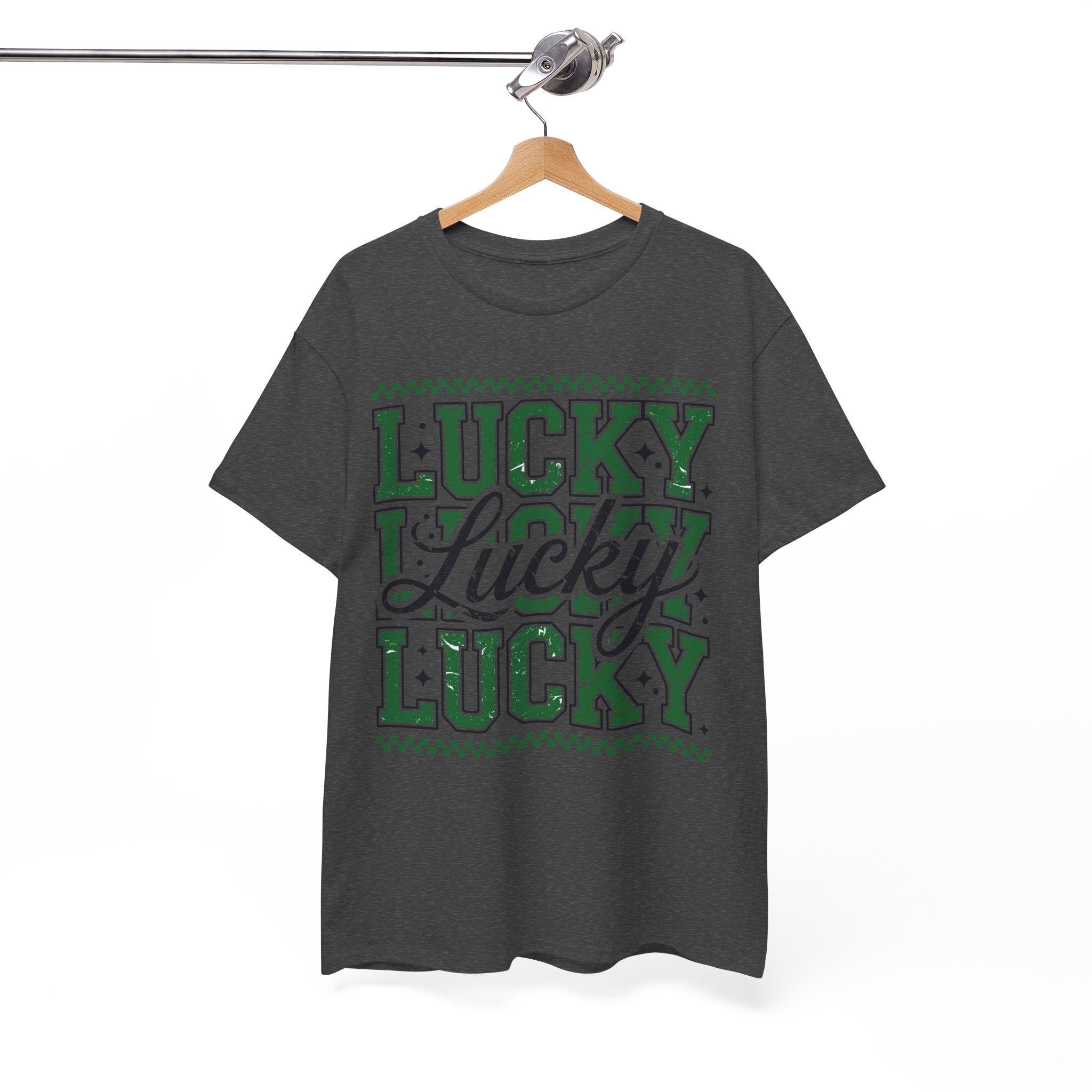 Lucky Varsity Tee — Layered Green ‘Lucky’ Graphic Unisex Cotton Tee