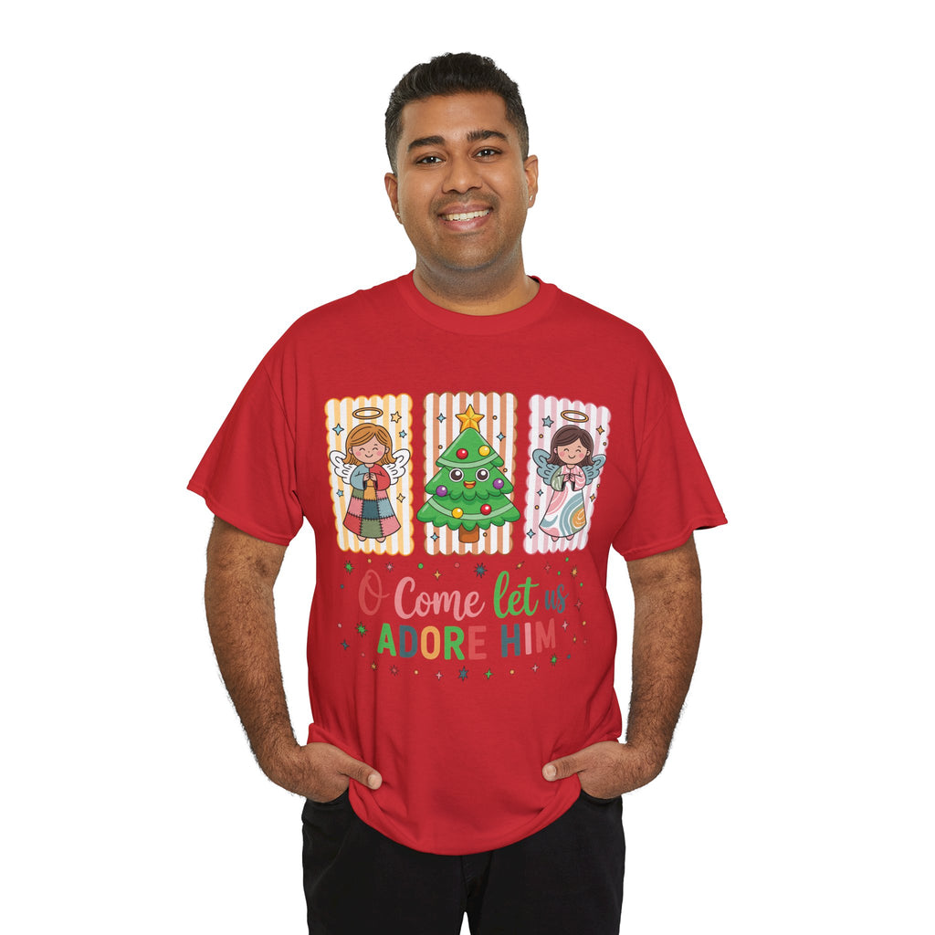 O Come Let Us Adore Him Christmas Tee — Smiling Angels & Happy Tree..Unisex Cotton Tee