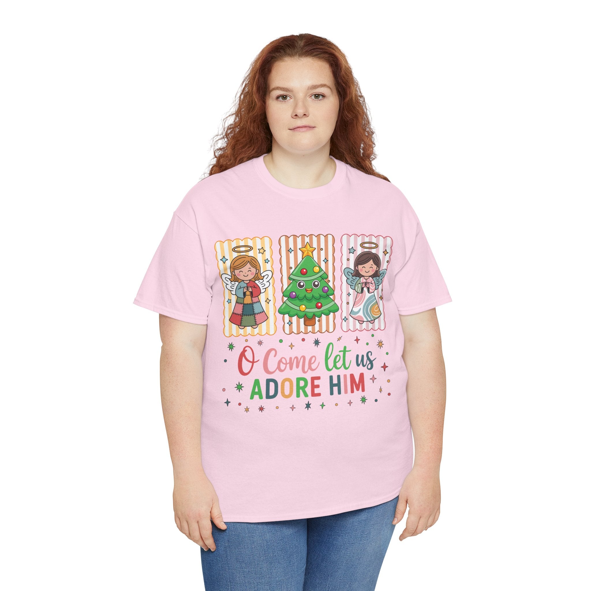 O Come Let Us Adore Him Christmas Tee — Smiling Angels & Happy Tree..Unisex Cotton Tee