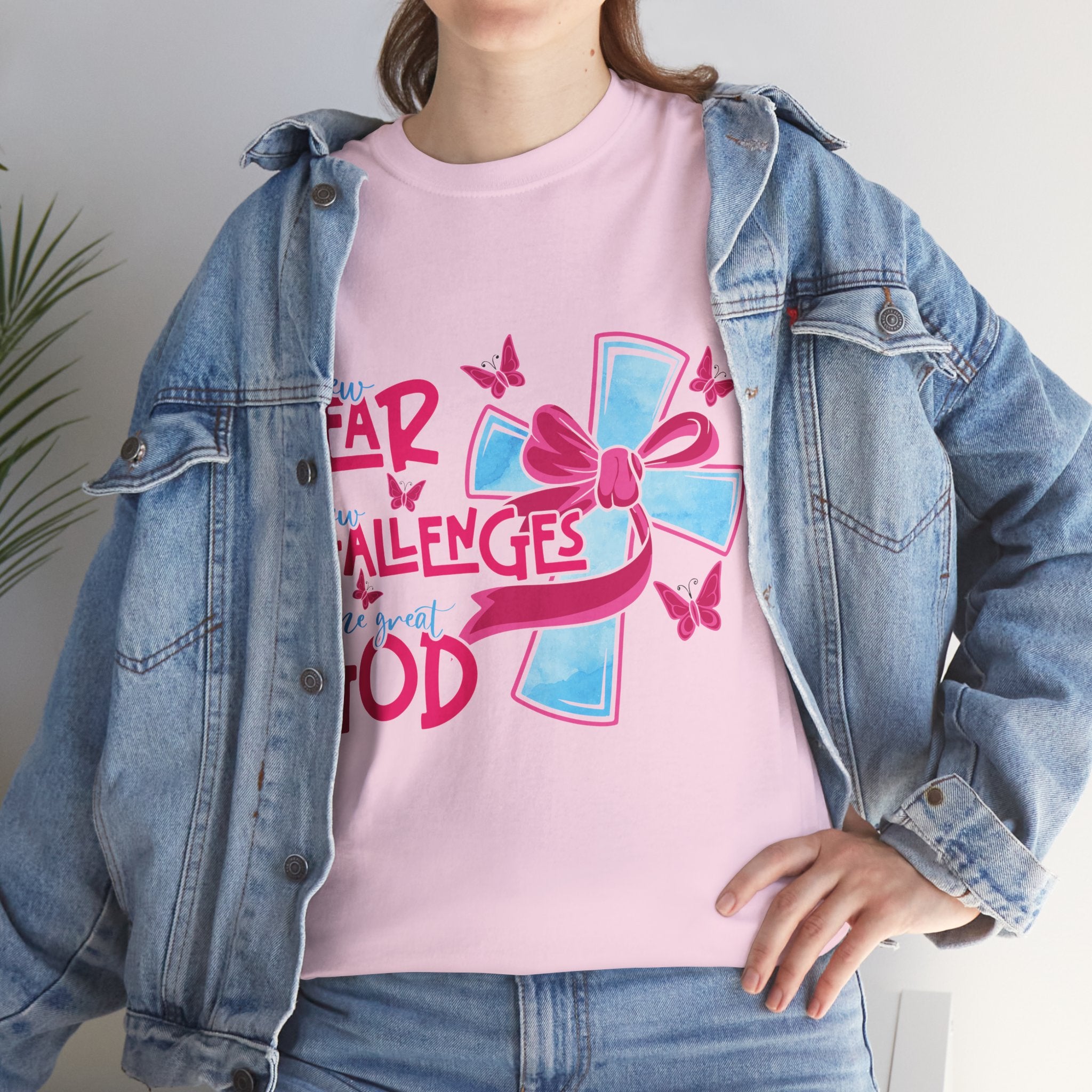 Christian T-Shirt — “New Year, New Challenges, Same Great God” with Pink Bow Cross & Butterflies. Unisex Cotton Tee