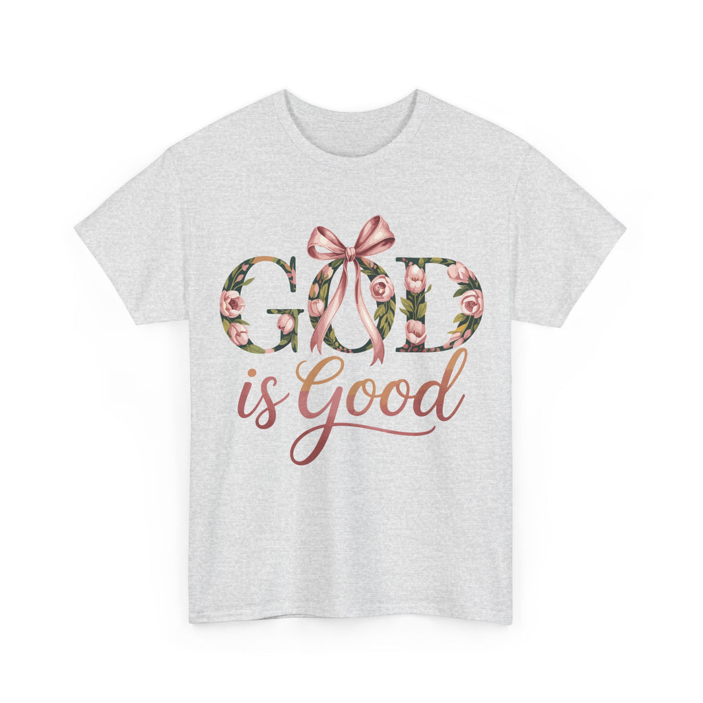God Is Good Pink Rose Tee — Floral Ribbon Faith Unisex Cotton T-Shirt