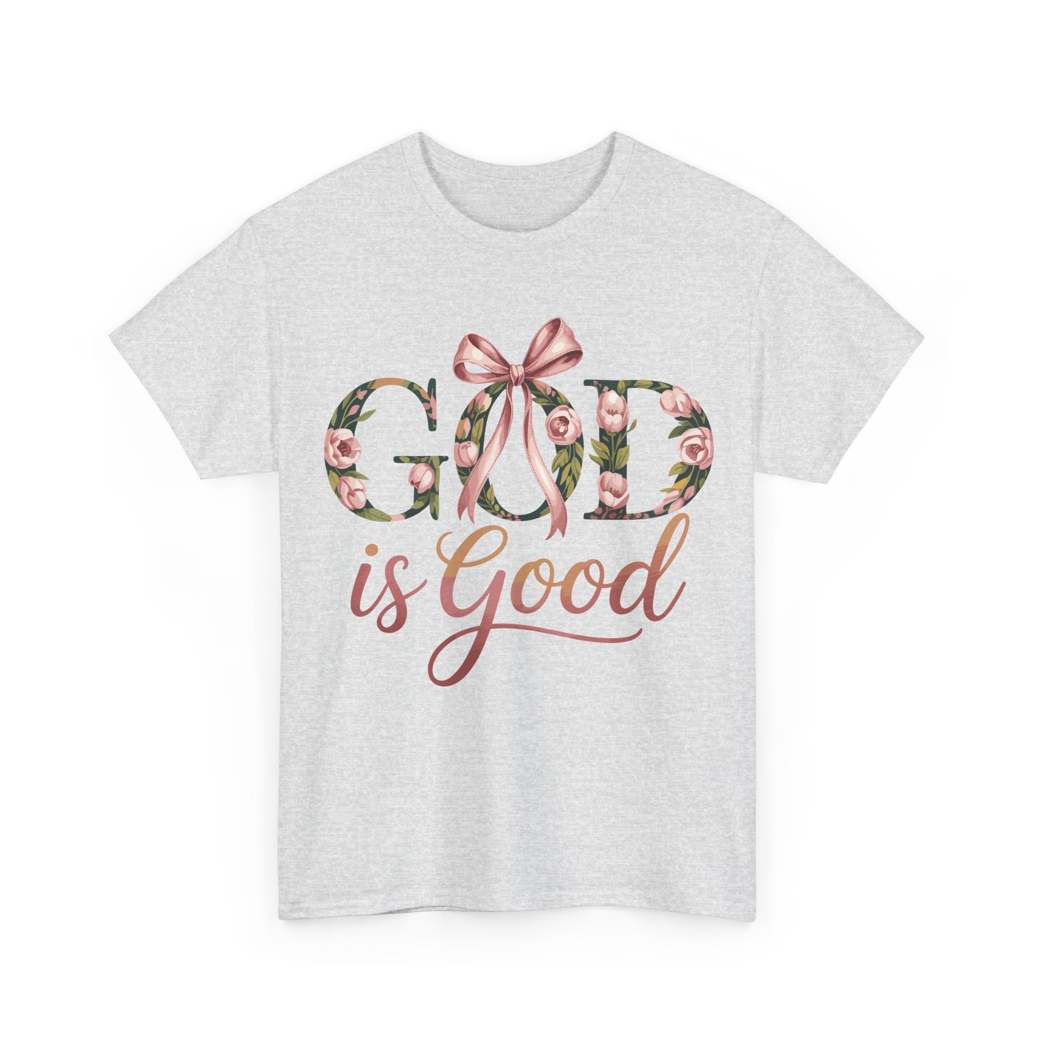 God Is Good Pink Rose Tee — Floral Ribbon Faith Unisex Cotton T-Shirt