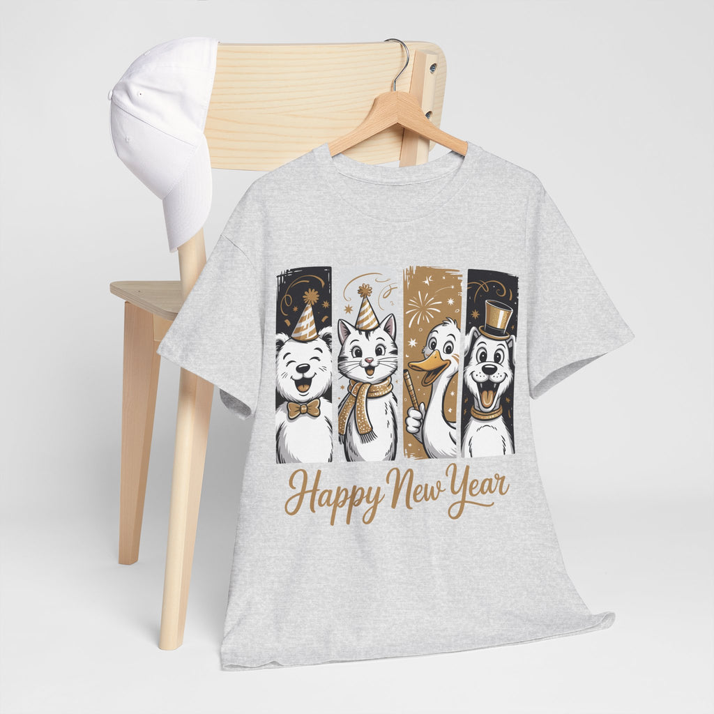 Happy New Year Party Animals T-Shirt — Cute Smiling Animals in Party Hats & Gold Fireworks..Unisex Cotton Tee