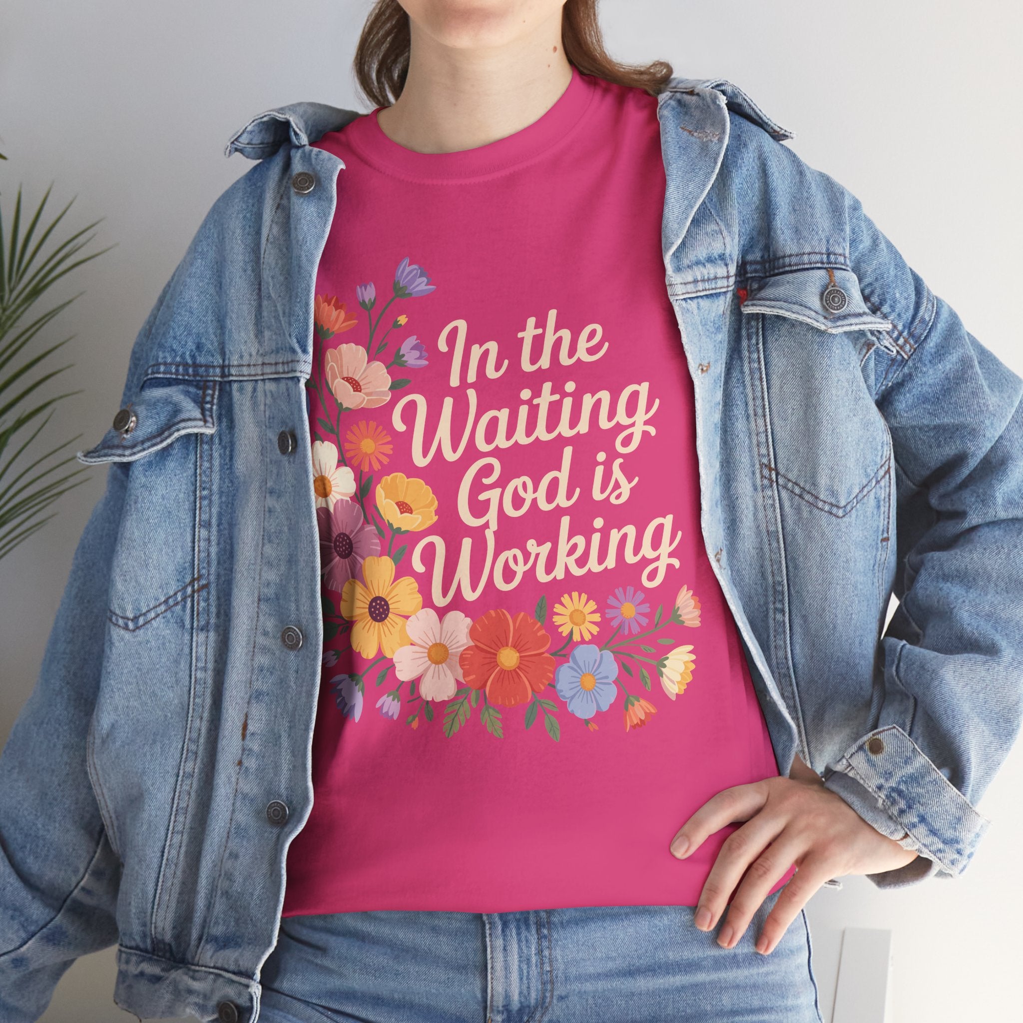 Pastel Floral “In the Waiting God Is Working” Unisex Cotton T-Shirt