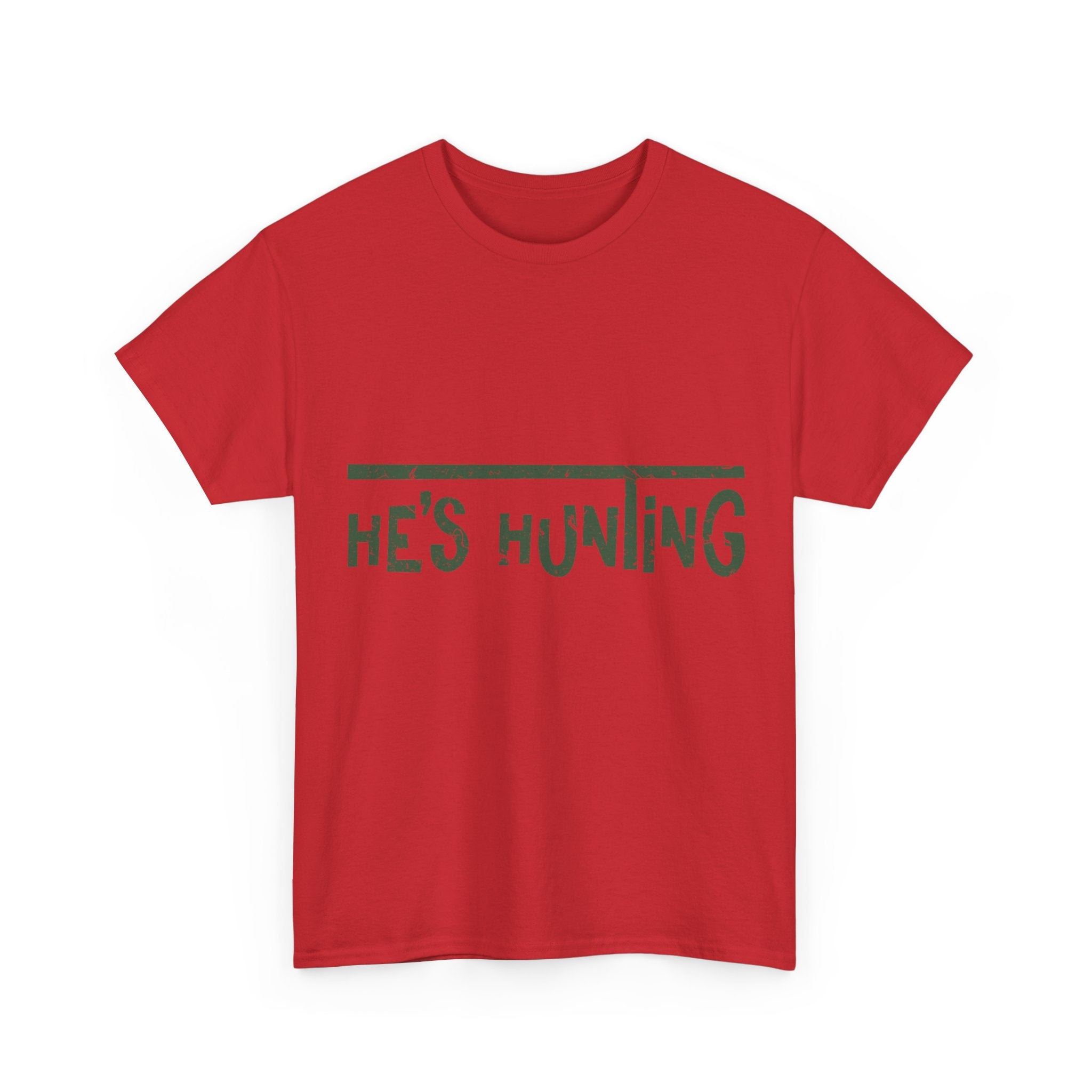 He’s Hunting Distressed Tee — Minimalist Tan Hunting Unisex Cotton Tshirt