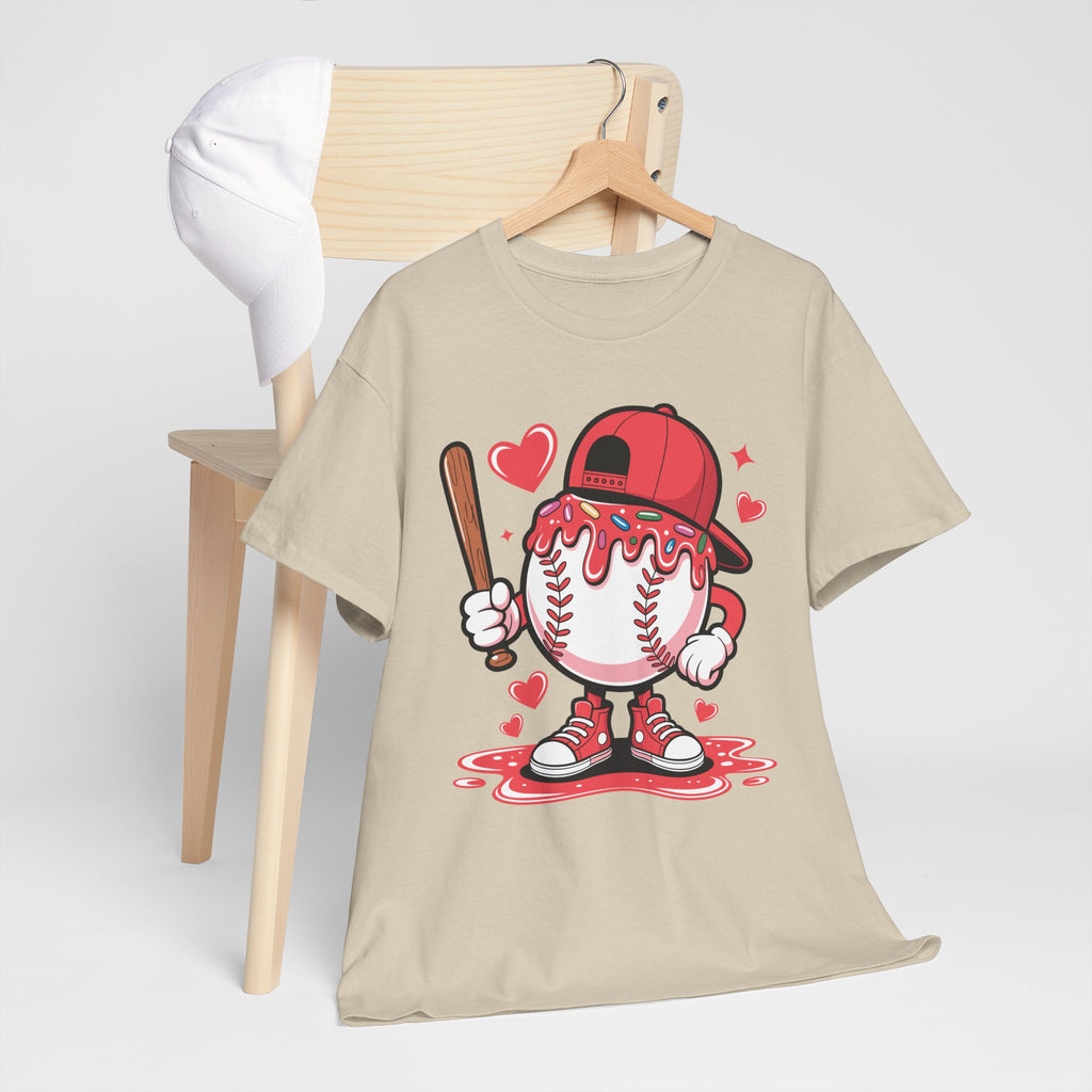 Cute Baseball Character T-Shirt — Red Cap & Icing Top Graphic with Hearts Unisex Cotton Tee