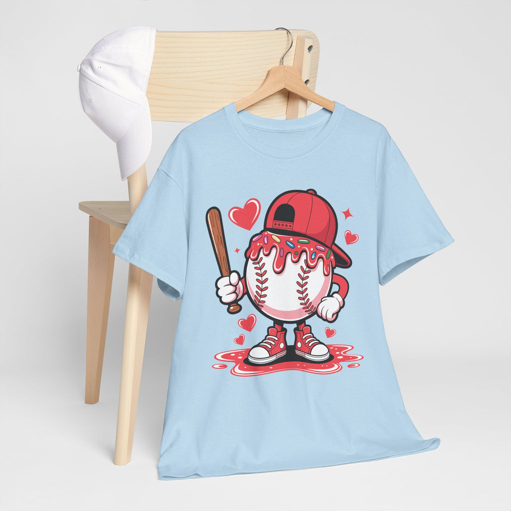 Cute Baseball Character T-Shirt — Red Cap & Icing Top Graphic with Hearts Unisex Cotton Tee