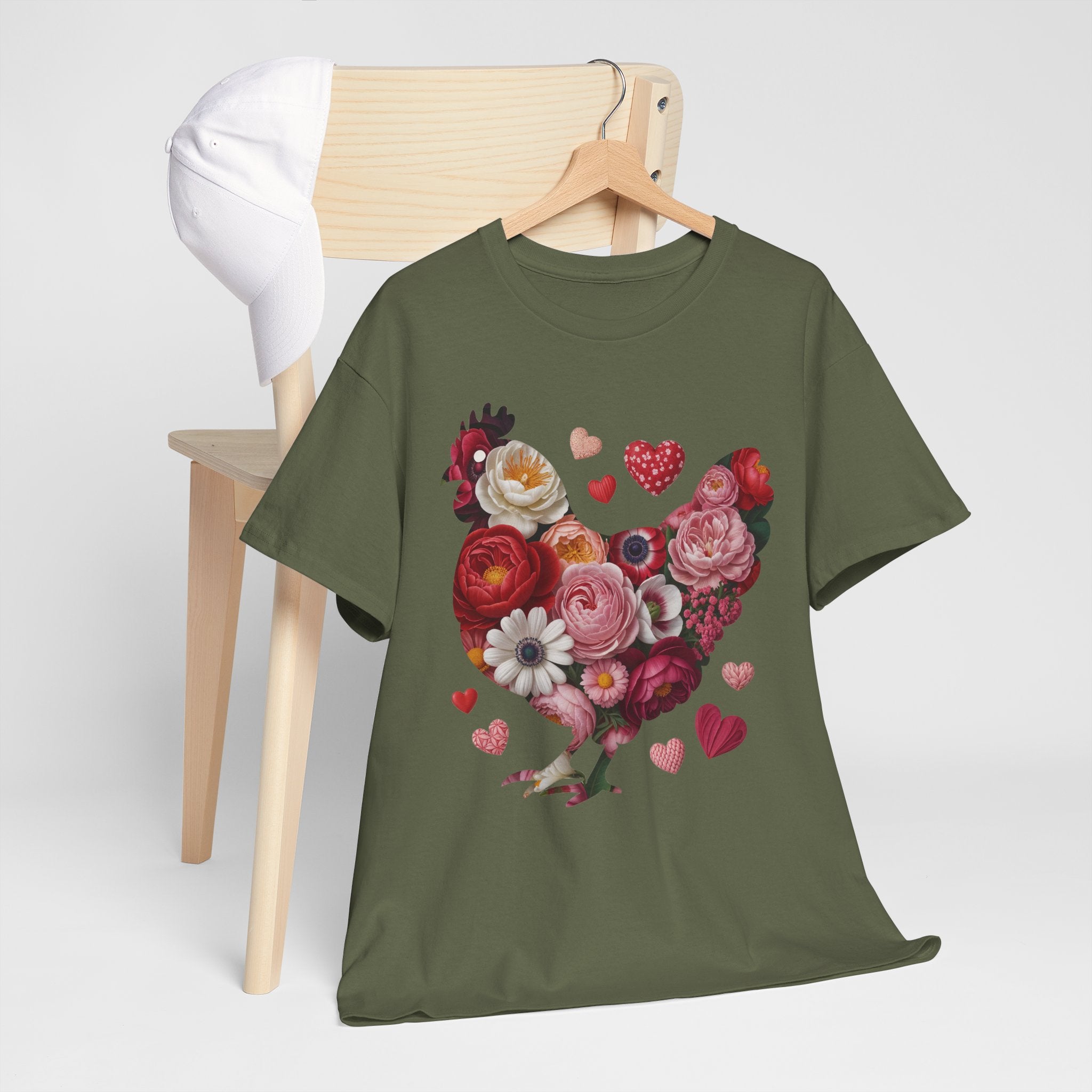 Floral Chicken Heart Tee — Red & Pink Flower Silhouette Unisex Cotton Tee
