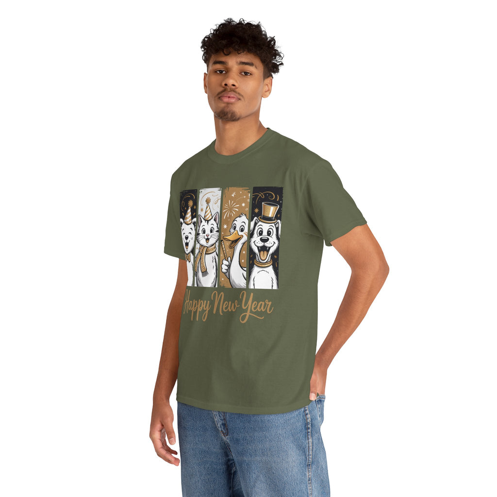 Happy New Year Party Animals T-Shirt — Cute Smiling Animals in Party Hats & Gold Fireworks..Unisex Cotton Tee