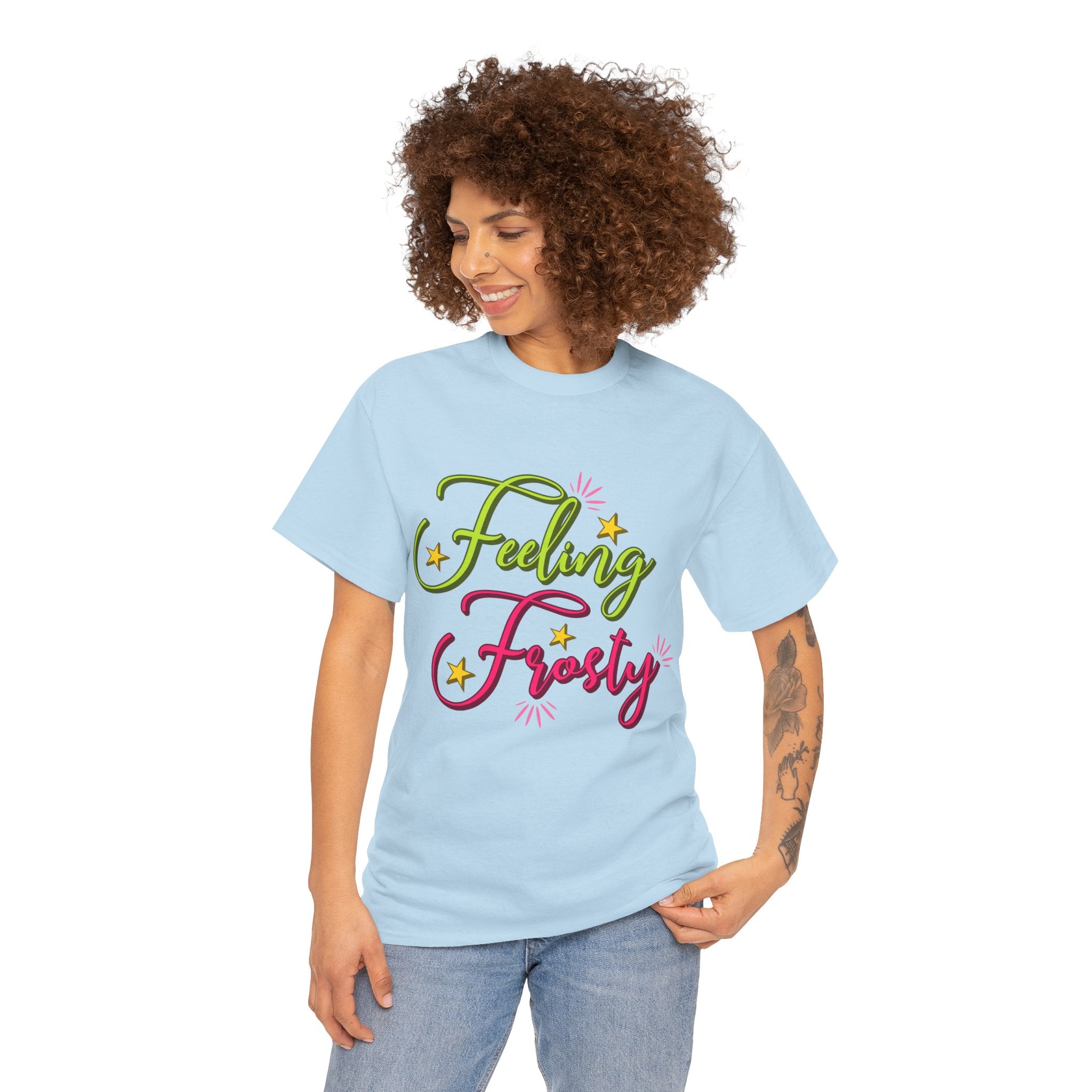 Feeling Frosty Holiday T-Shirt — Green & Pink Script Stars.Unisex Cotton Tee