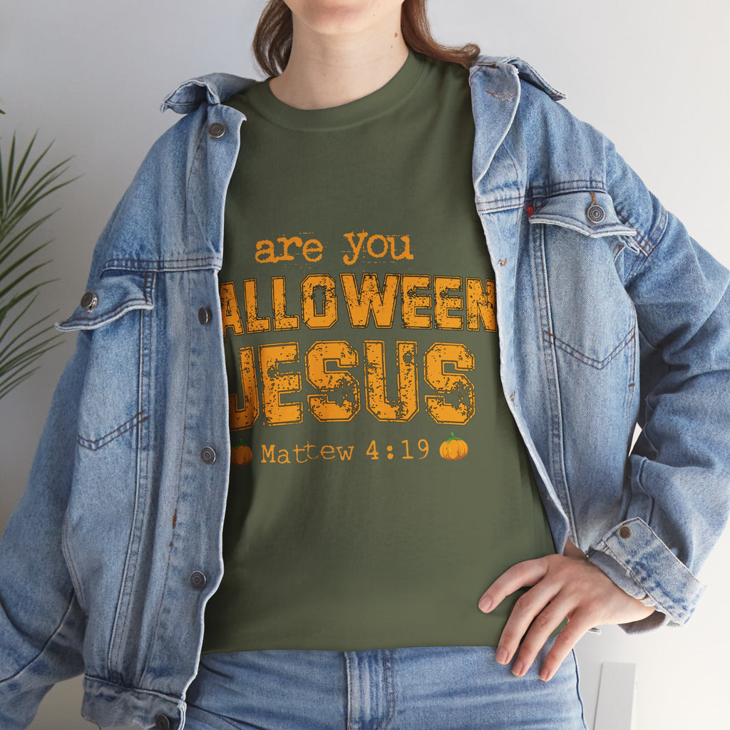 Christian Halloween T-Shirt — “Are You Falloween Jesus? Matthew 4:19” Distressed Pumpkin Design. Unisex Cotton Tee