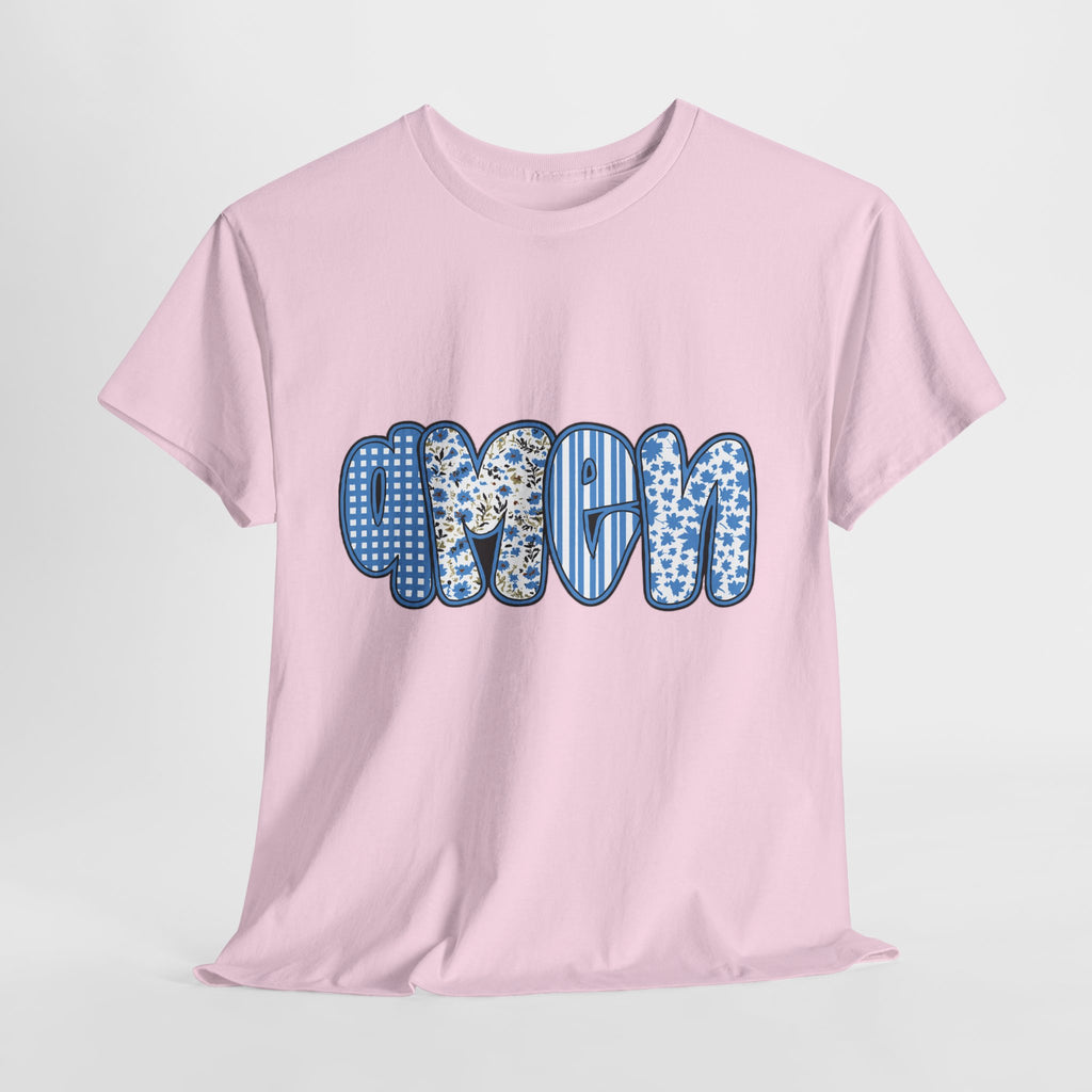 Amen Blue Floral Tee — Decorative Floral Lettering Christian Shirt Unisex Cotton Tee