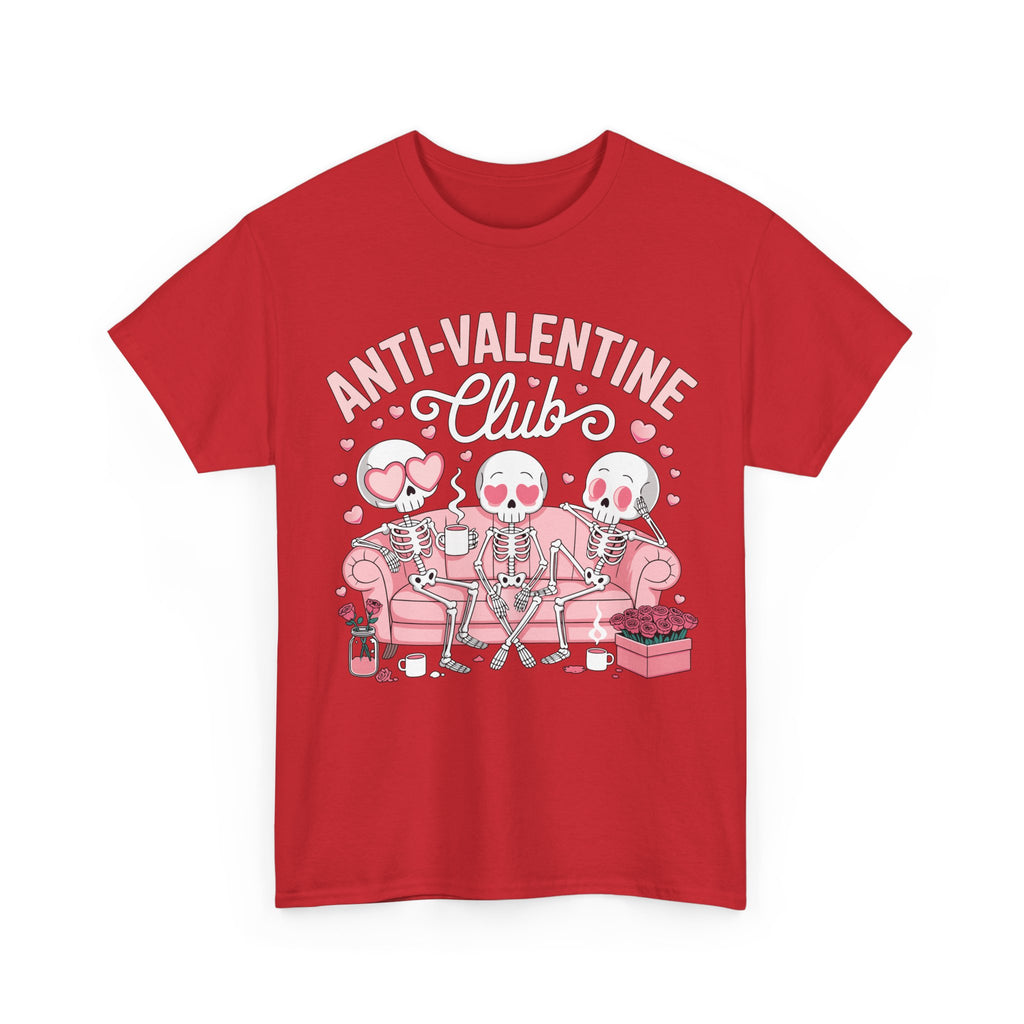 Anti-Valentine Club Skeleton Tee — Anti-Romance Pink Couch Graphic Unisex Cotton T-Shirt