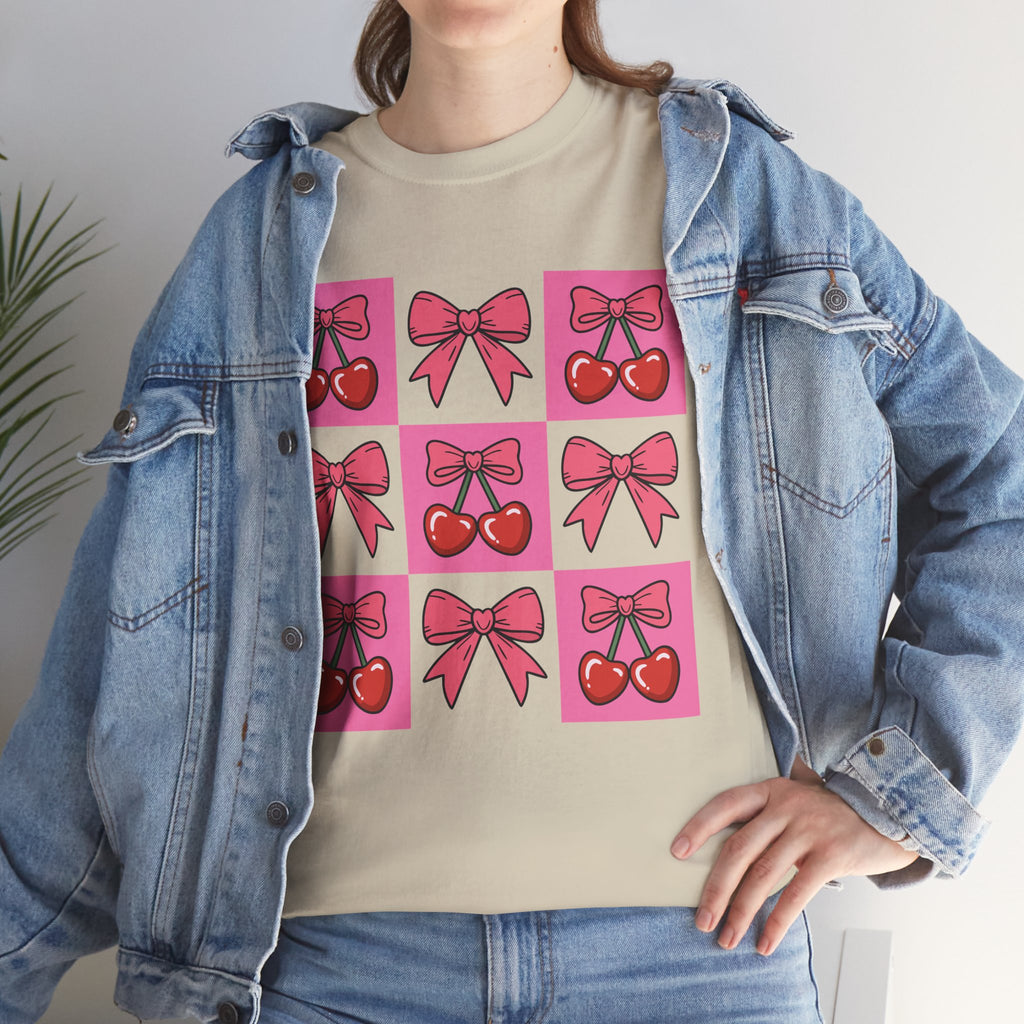 Cherry & Pink Bow Checkered Unisex Cotton Tee