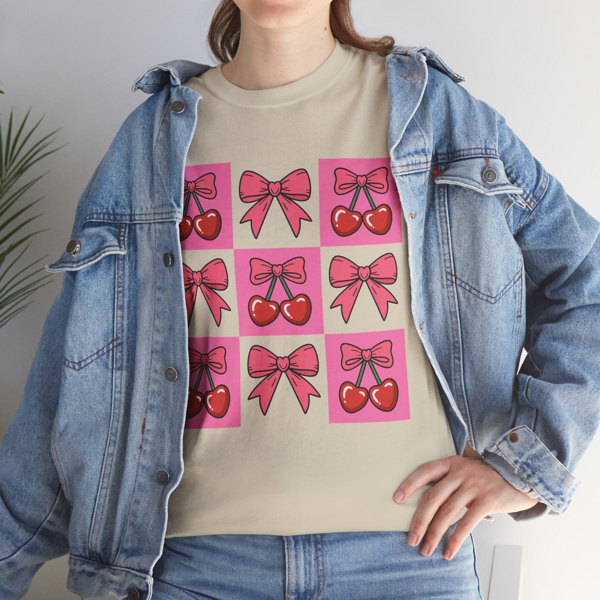 Cherry & Pink Bow Checkered Unisex Cotton Tee