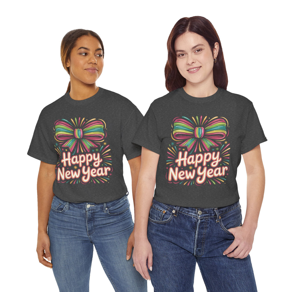 Happy New Year Pastel Tee — Rainbow Bow & Fireworks Celebration Unisex Cotton Tshirt