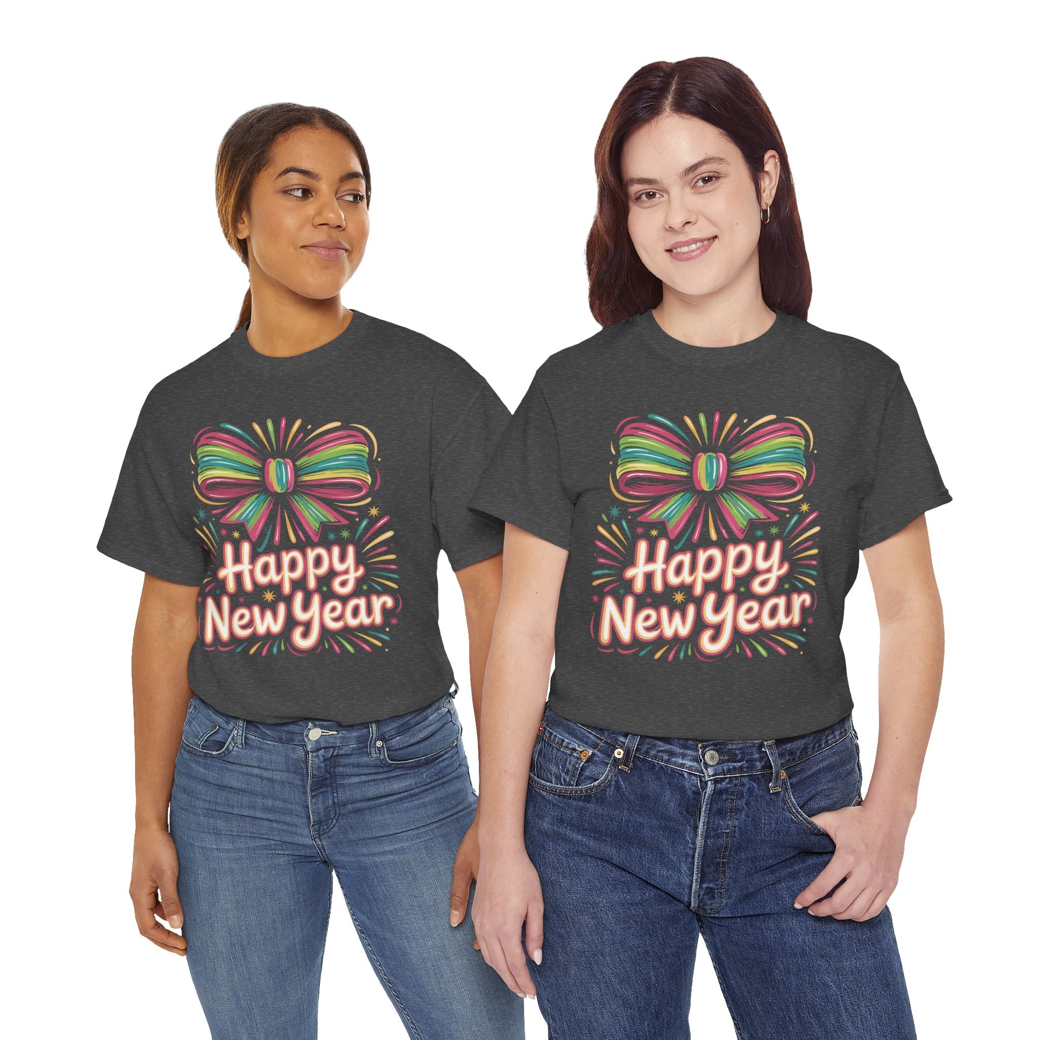 Happy New Year Pastel Tee — Rainbow Bow & Fireworks Celebration Unisex Cotton Tshirt