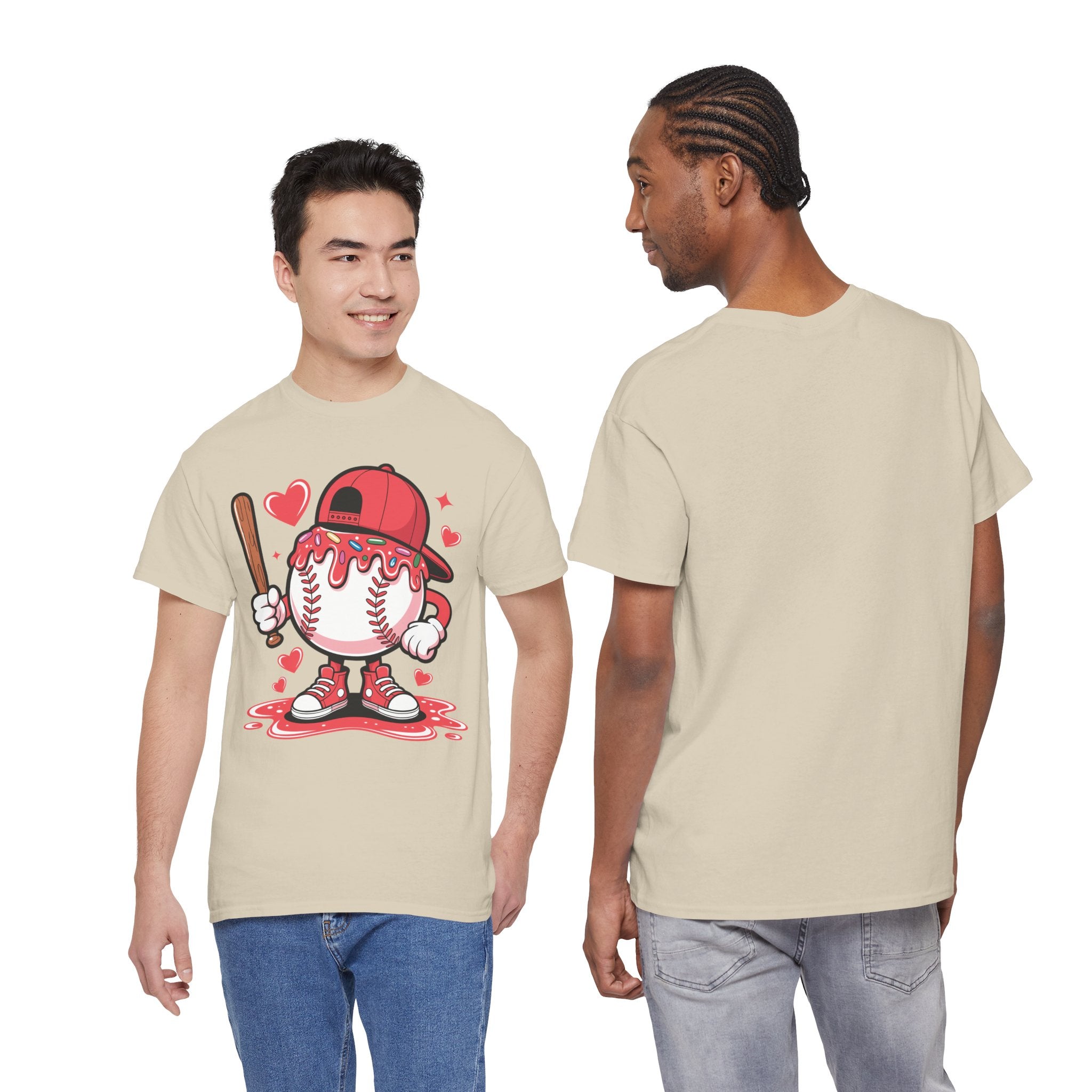 Cute Baseball Character T-Shirt — Red Cap & Icing Top Graphic with Hearts Unisex Cotton Tee