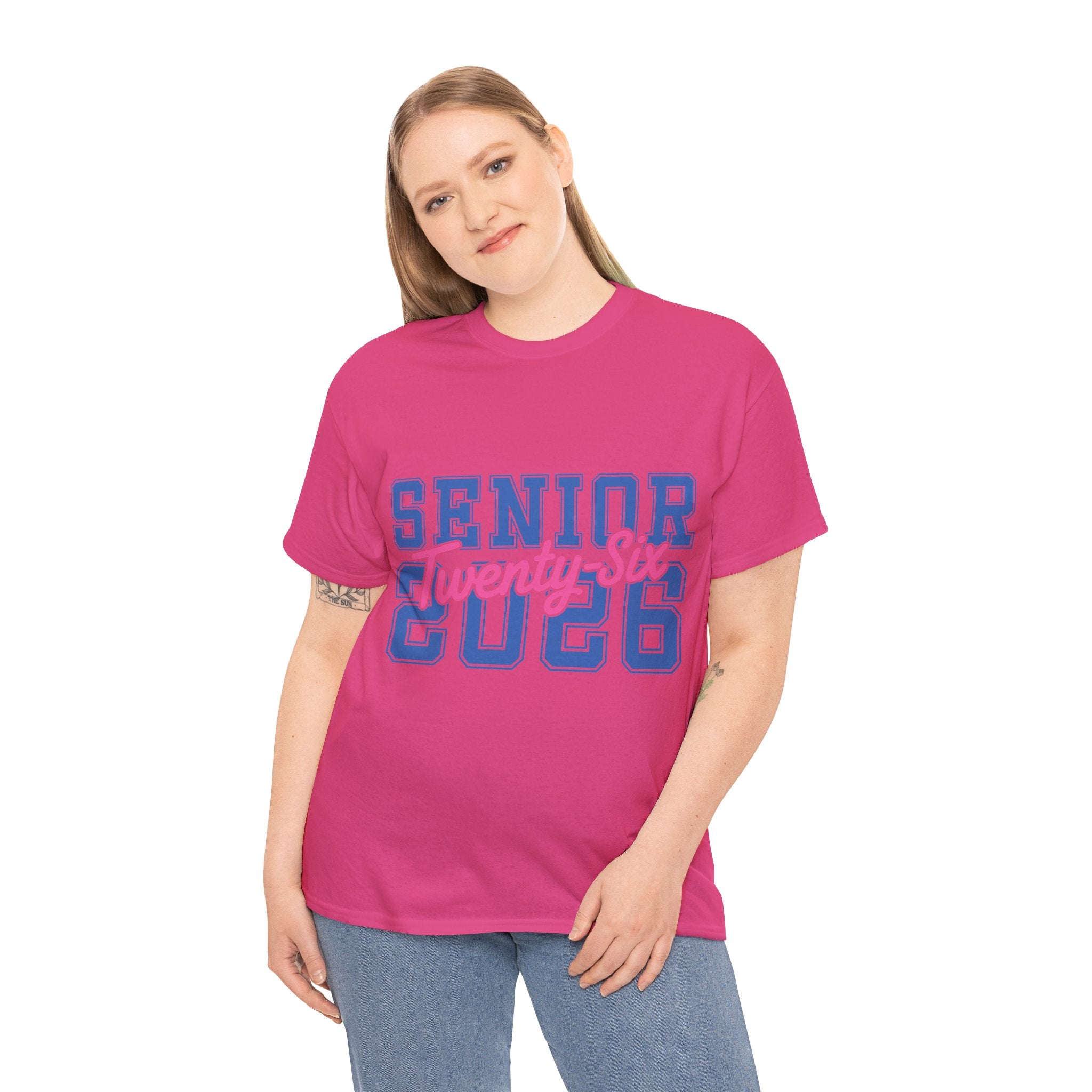 Senior 2026 Tee — Pink Varsity Block with Blue Script Overlay Unisex Cotton Tee