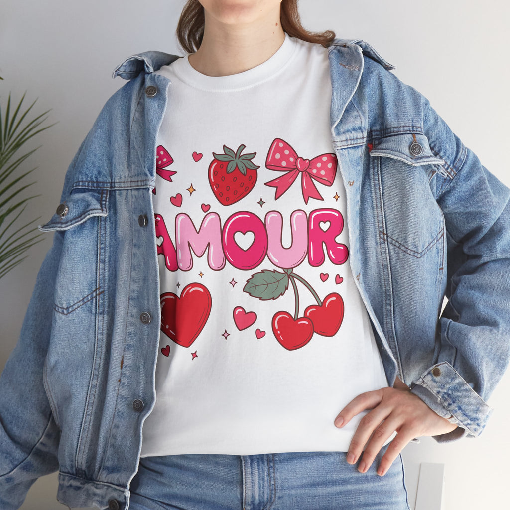 Amour Pink Hearts Tee — Shiny Lettering with Bows, Cherries & Strawberry Accent...Unisex Cotton Tee