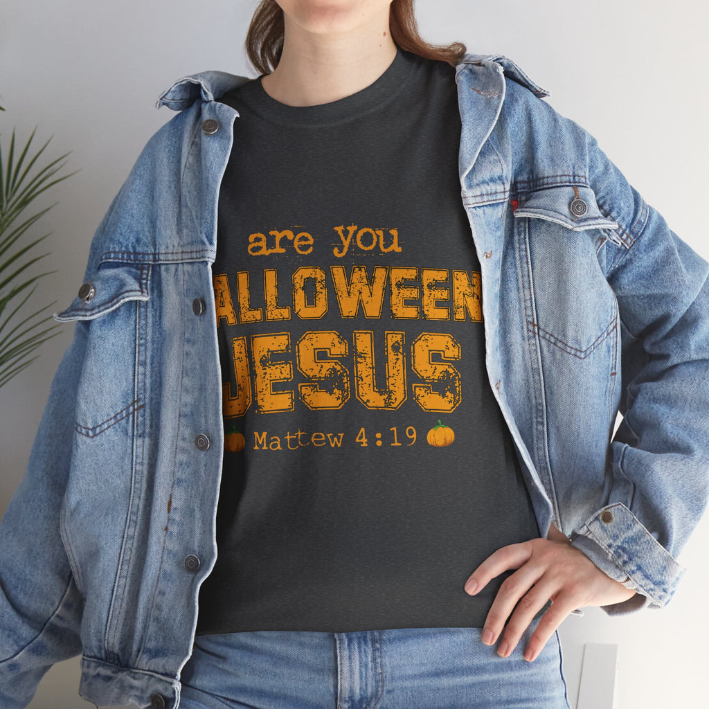 Christian Halloween T-Shirt — “Are You Falloween Jesus? Matthew 4:19” Distressed Pumpkin Design. Unisex Cotton Tee