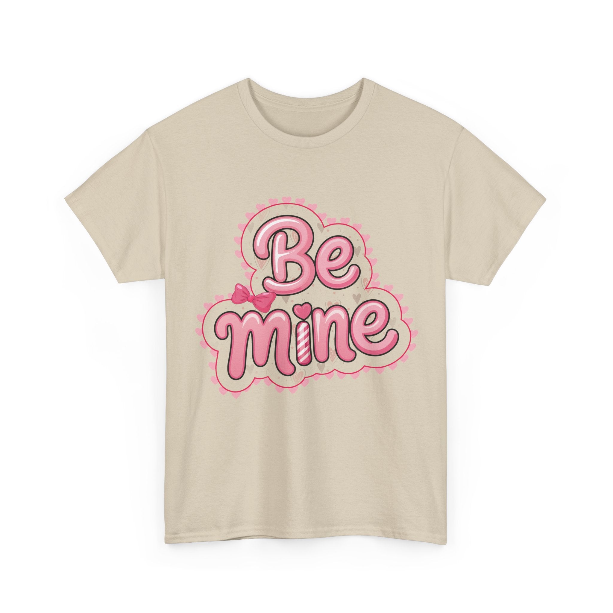 Be Mine Valentine T-Shirt — Pink Bubble Letters with Hearts & Bow..Unisex Cotton Tee