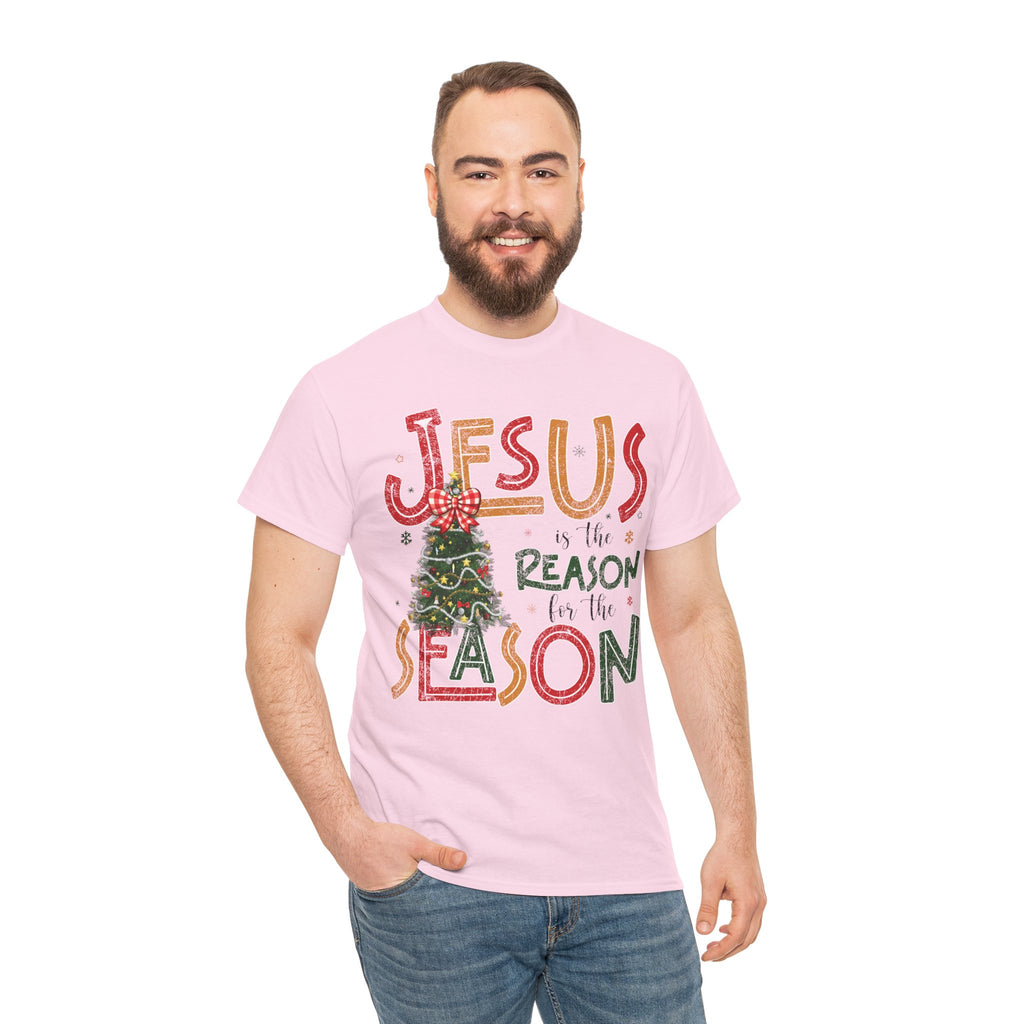Jesus Is the Reason for the Season Christmas T-Shirt — Plaid Bow Tree..Unisex Cotton Tee