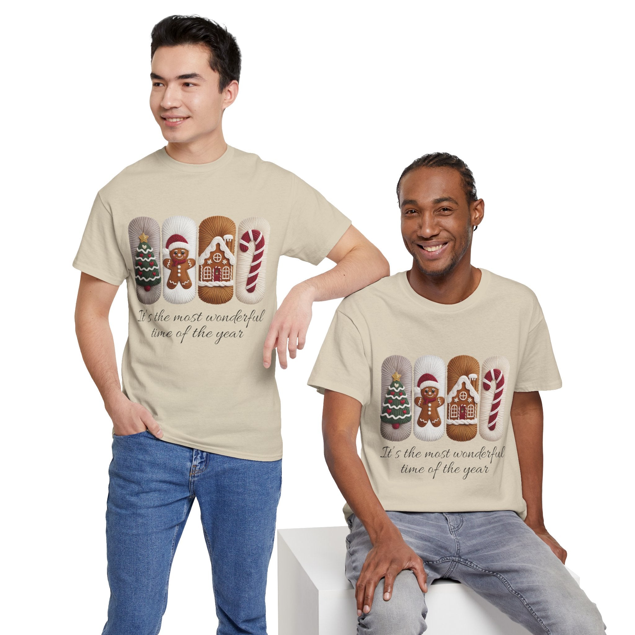 Christmas Faux-Yarn Tree Tee — Gingerbread House & Candy Cane Holiday Unisex Cotton T-Shirt