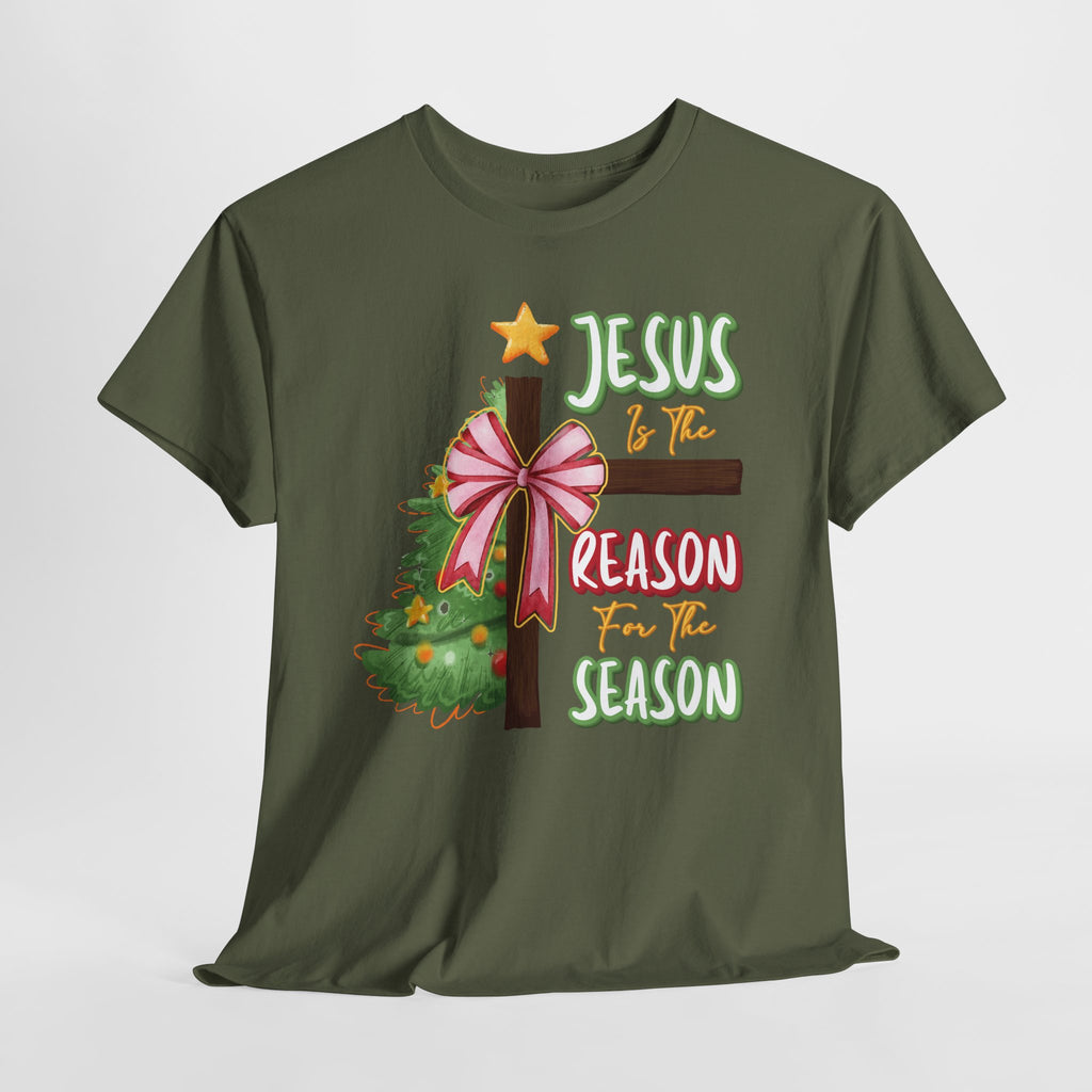 Jesus Is the Reason for the Season Christmas Tee — Cross with Pink Bow & Tree. Unisex Cotton Tee