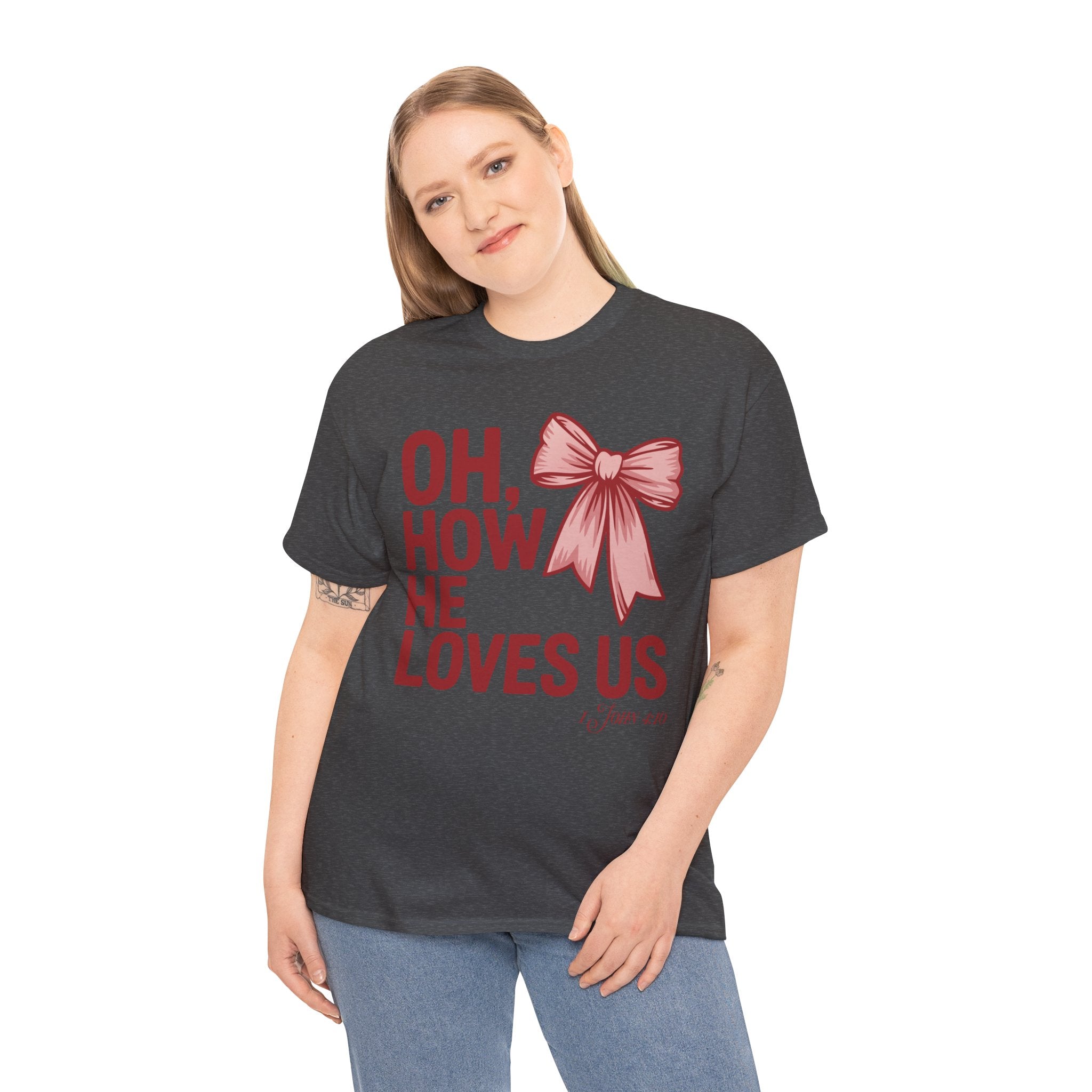 Oh, How He Loves Us Christian Valentine Tee — 1 John 4:10 Red & Pink Unisex Cotton Tee